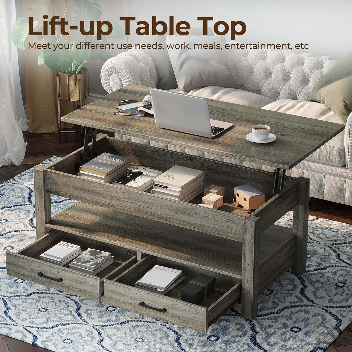 Rolanstar Coffee Table, 47.2" Lift Top Coffee Table with Drawers and Hidden Compartment, Retro Central Table with Wooden Lift Tabletop, for Living Room, Washed Oak