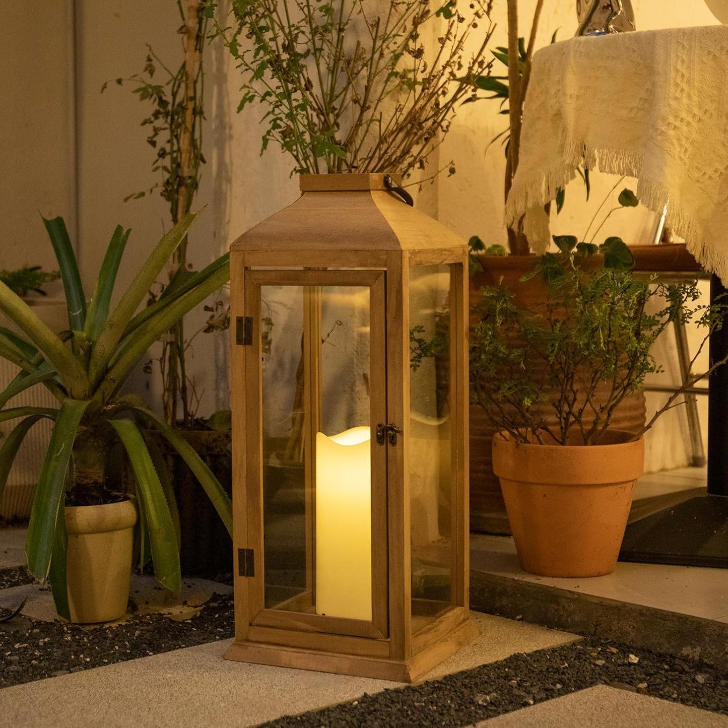 Bdor 2 Pack Lanterns Decorative - 27.5in New Zealand Pine Lanterns Decorative with Flameless Pillar Candles, Decorative Lanterns for Home Decor, Indoor Outdoor, Front Porch, Garden, Farmhouse Style
