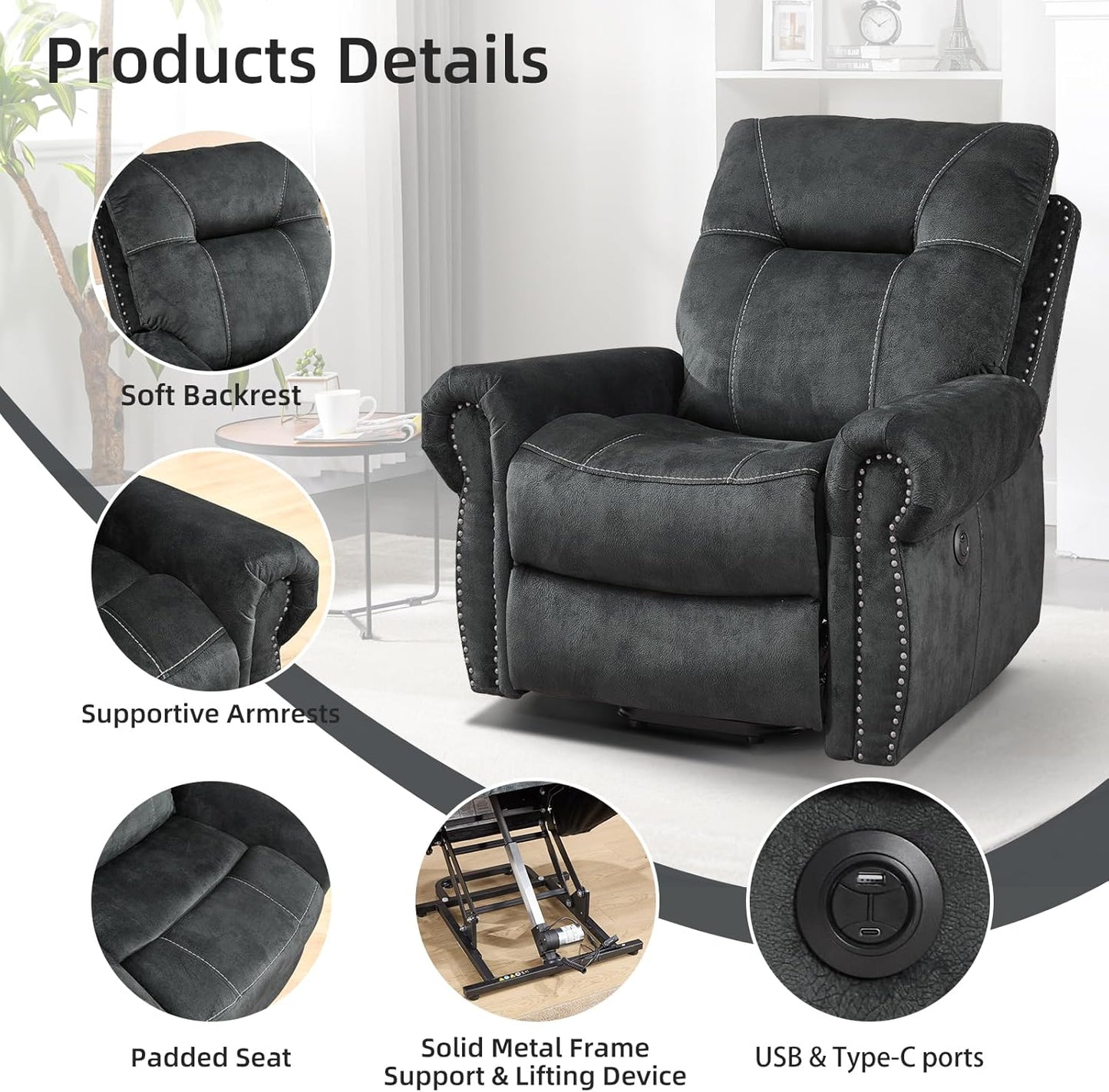 EBELLO 2 Pieces Reclining Couch Furniture Set for Living Room, 1 Seat Power Recliner and a 3 Seater Sofa, Vintage Rivet Mid-Century Design for Living Room, Grey