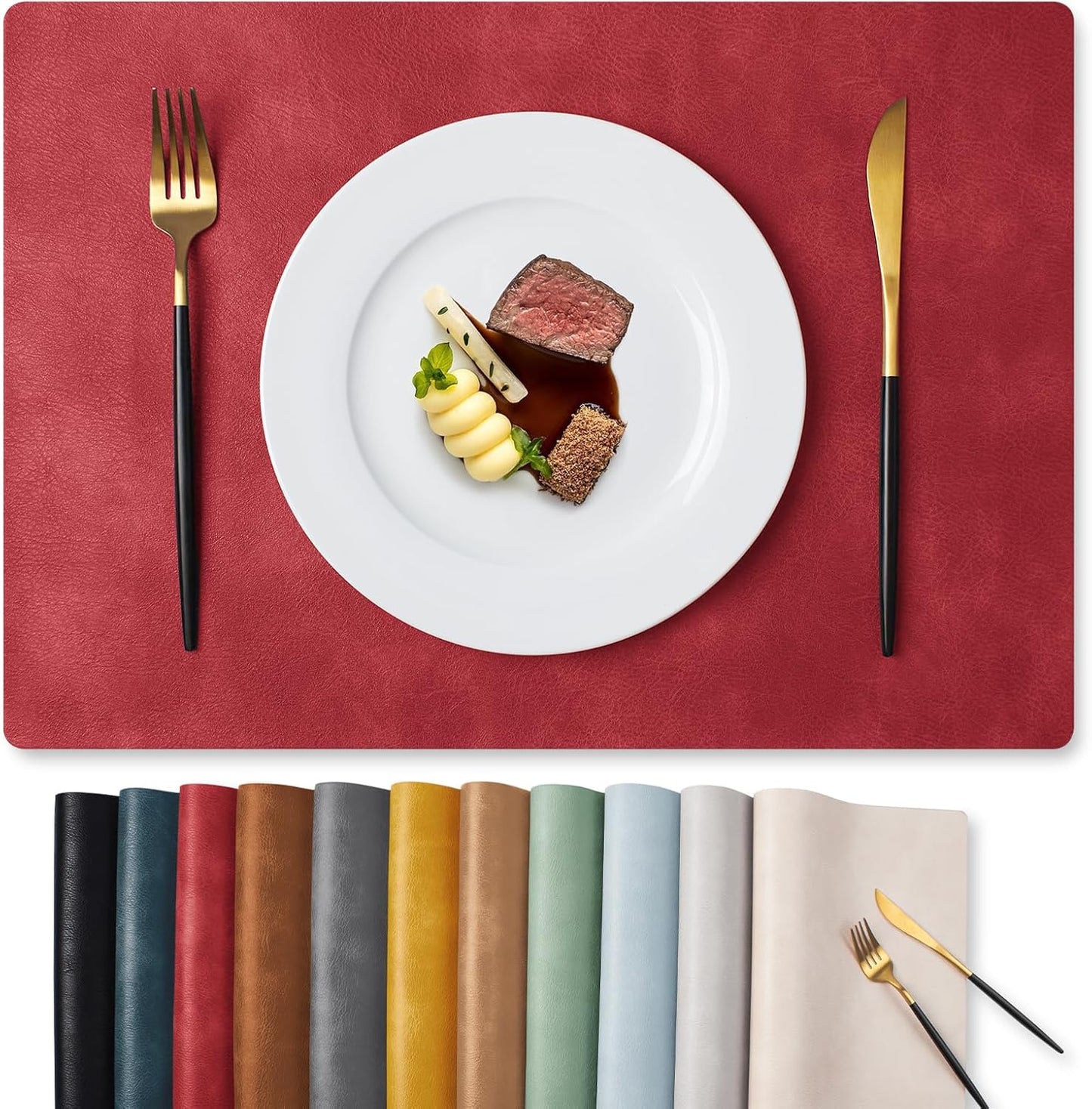 MOSAYT Vinyl Placemats Set of 4-12 X 17 Inch - Faux Leather 100% Waterproof Oil-Proof Wipeable PU Place Mats, Heat Resistant Reversible Table Mats for Kitchen, Dining, Outdoor (Red)