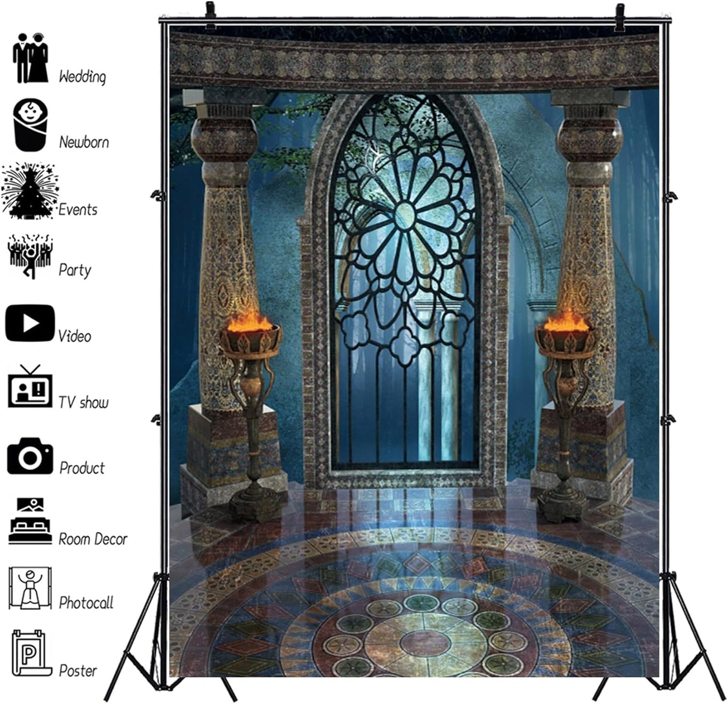 Renaiss 8x12ft Medieval Castle Backdrop for Photoshoot Portrait Pillar Torch Gothic Stone Tower Ancient Old Fortress Interior Photography Background Halloween Party Decor Wallpaper Photo Studio Props
