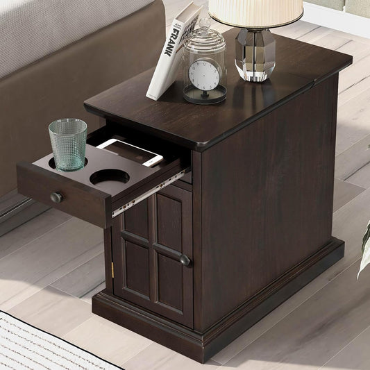 Traditional Wood End Table with Charging Station, Modern Vintage Sofa Chair Side Table Nightstand with Storage & Drawer for Living Room Bedroom, No Assembly, Antique Espresso