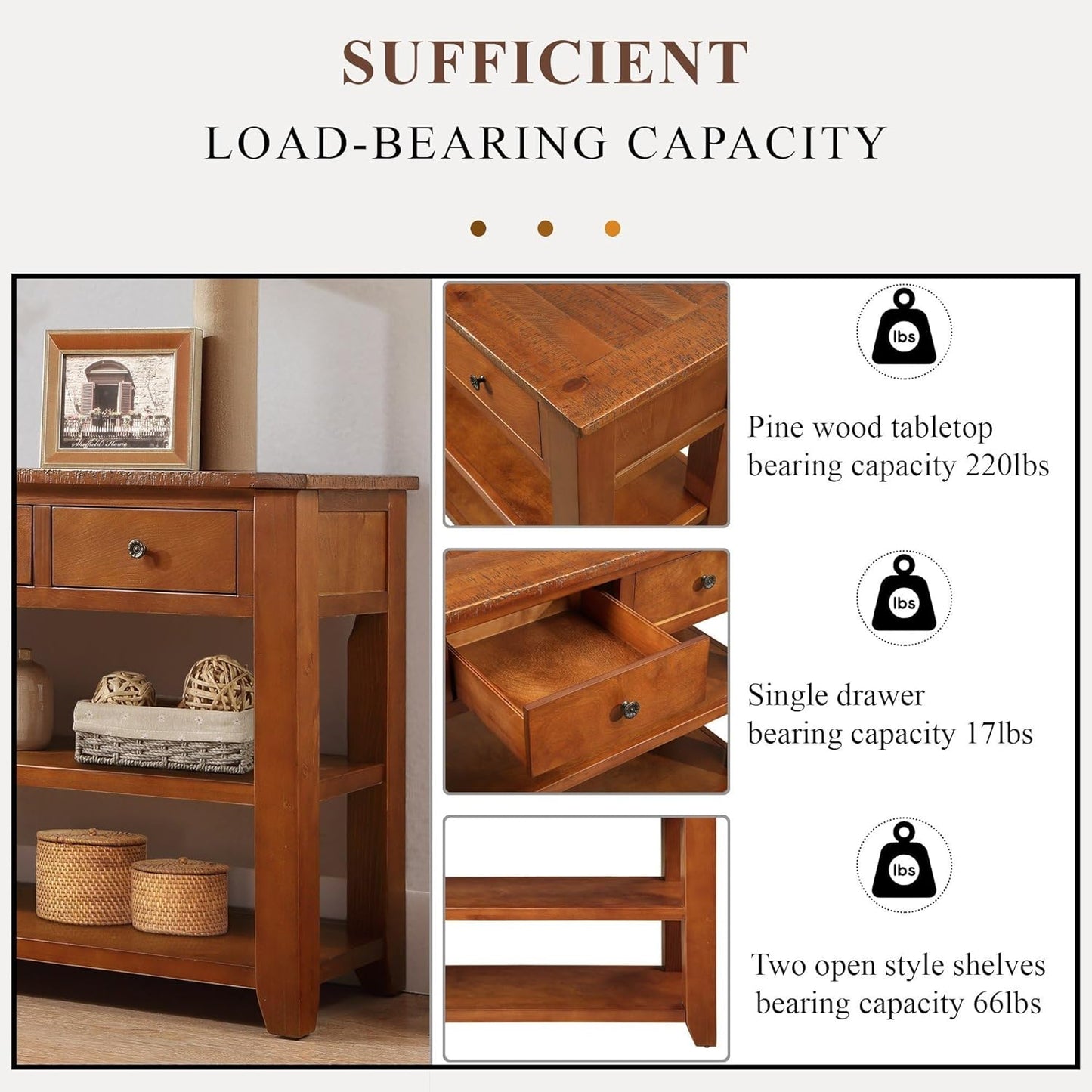 Solid Wood Console Table Entryway Table with Storage Drawers and Bottom Shelf Sofa Table for Entry Hallway Foyer Sofa Couch Table,Fully Assembled (48.8" Brown)