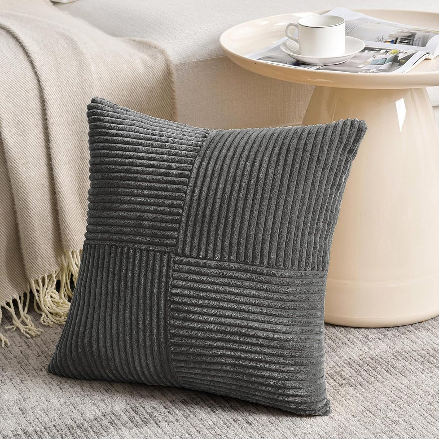 Fancy Homi 2 Packs Dark Gray Decorative Throw Pillow Covers 22x22 Inch for Living Room Couch Bed Sofa, Rustic Farmhouse Boho Home Decor, Soft Corss Corduroy Patchwork Accent Cushion Case 55x55 cm