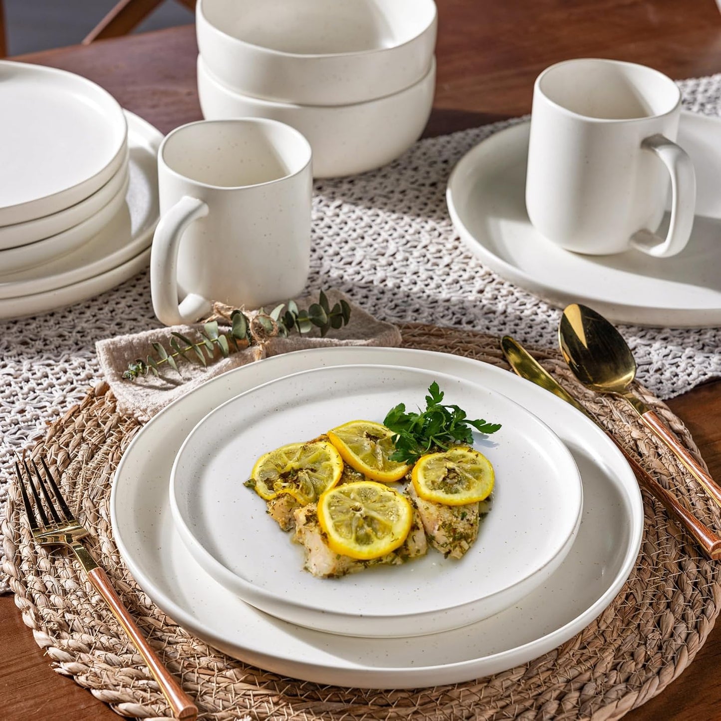 AmorArc Ceramic Dinnerware Sets, Wavy Rim Stoneware Plates and Bowls Sets, Highly Chip and Crack Resistant | Dishwasher & Microwave & Oven Safe Dishes set, Service for 6 (18pc)-Matte Speckled White