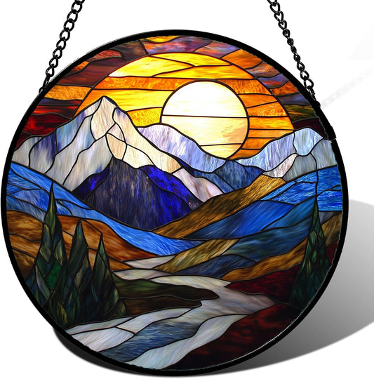 Stained Glass Window Hanging, Yellow Blue Sunset Mountains Scenery Sun Catcher for Window Home Decor Landscape Suncatcher Mother's Day Birthday Gifts for Women Men Mom and Nana 15 in