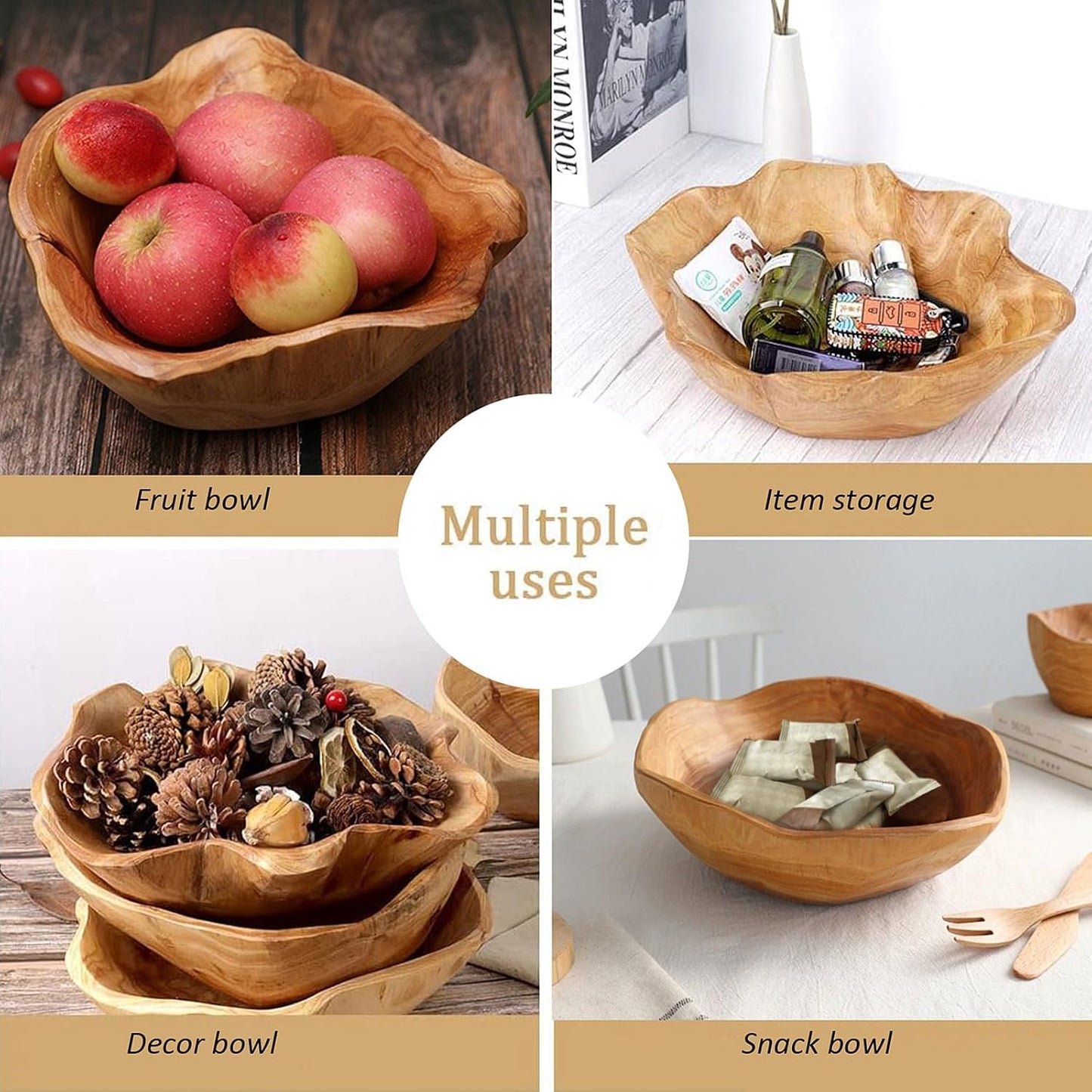 Wooden Bowl Decorative Natural Wood Fruit Bowl, Irregular Creative Wood Bowls, Rustic Hand Carved Candy Snack Keys Serving Bowls for Home Decor (14"-16" Diameter)