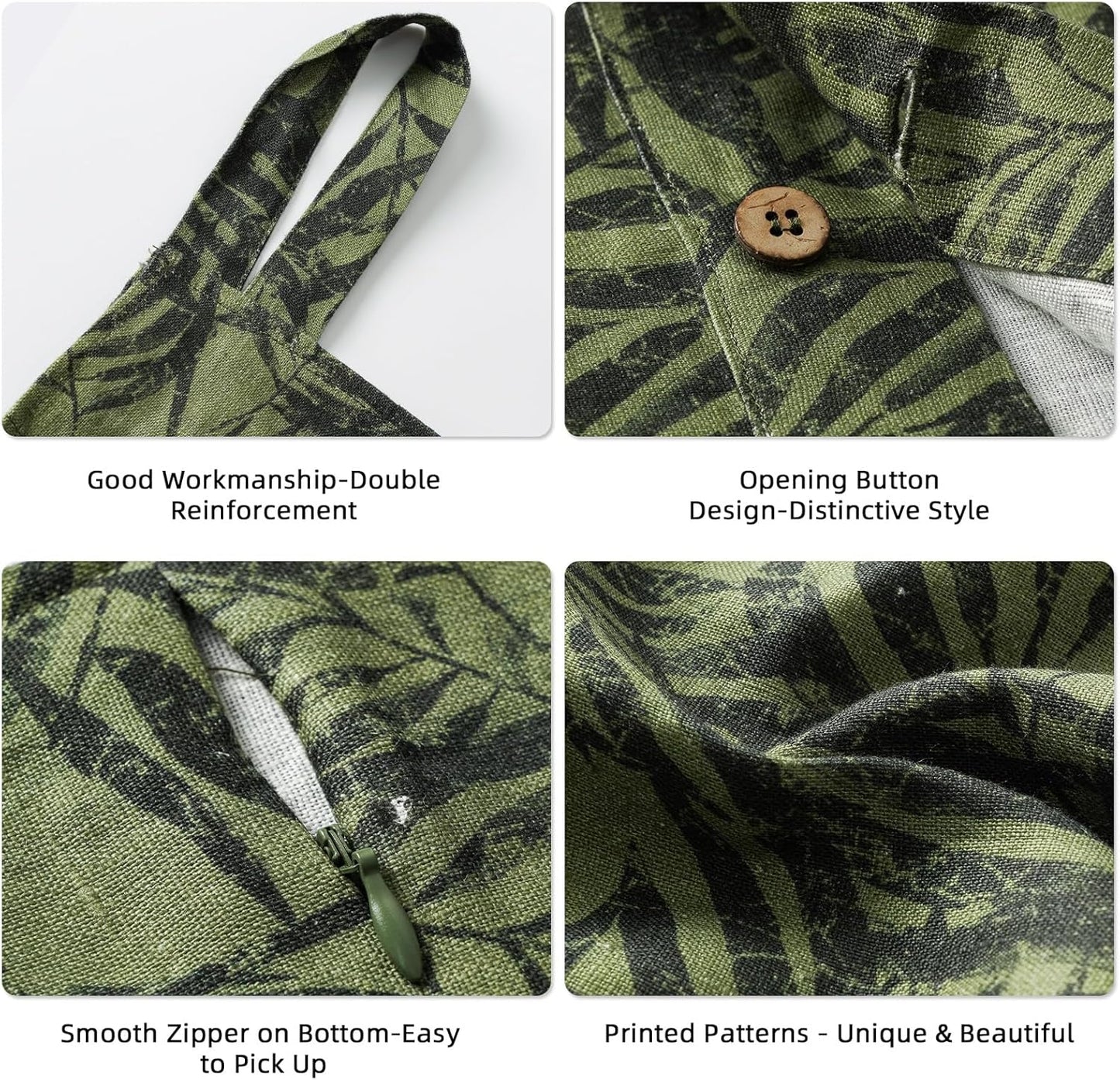 Linen Hanging Laundry Bag, 100% Linen Leaf Print Over The Door Laundry Hamper with Buttons and Zipper, Space Saving Door Hampers for Laundry Dirty Clothes Home Travel, Green, 19.7x27.5inches