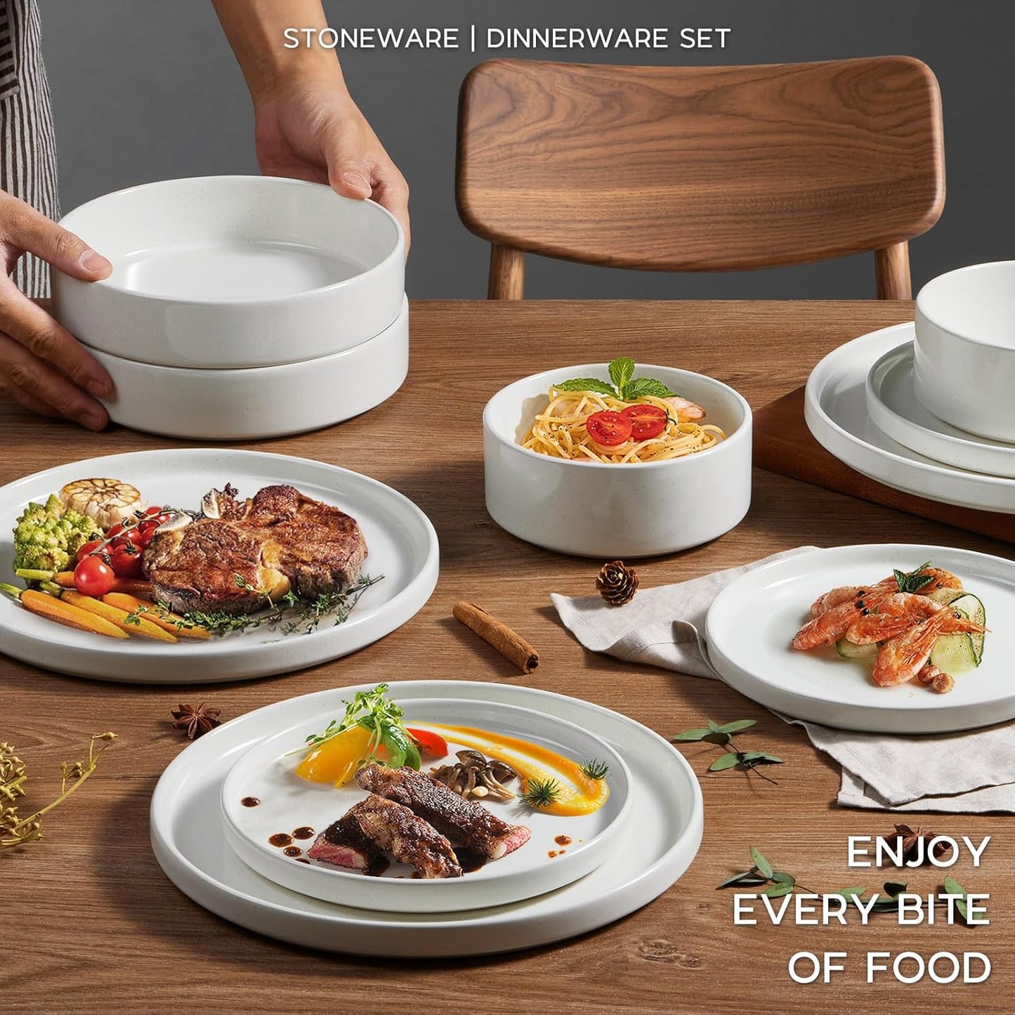 Stoneware Dinnerware Sets for 4 with Pasta Bowl, Onader 16 Piece Plates and Bowls Dish Set, Speckled Kitchen Dishware Dining Ware, Microwave & Dishwasher Safe - Cloud White