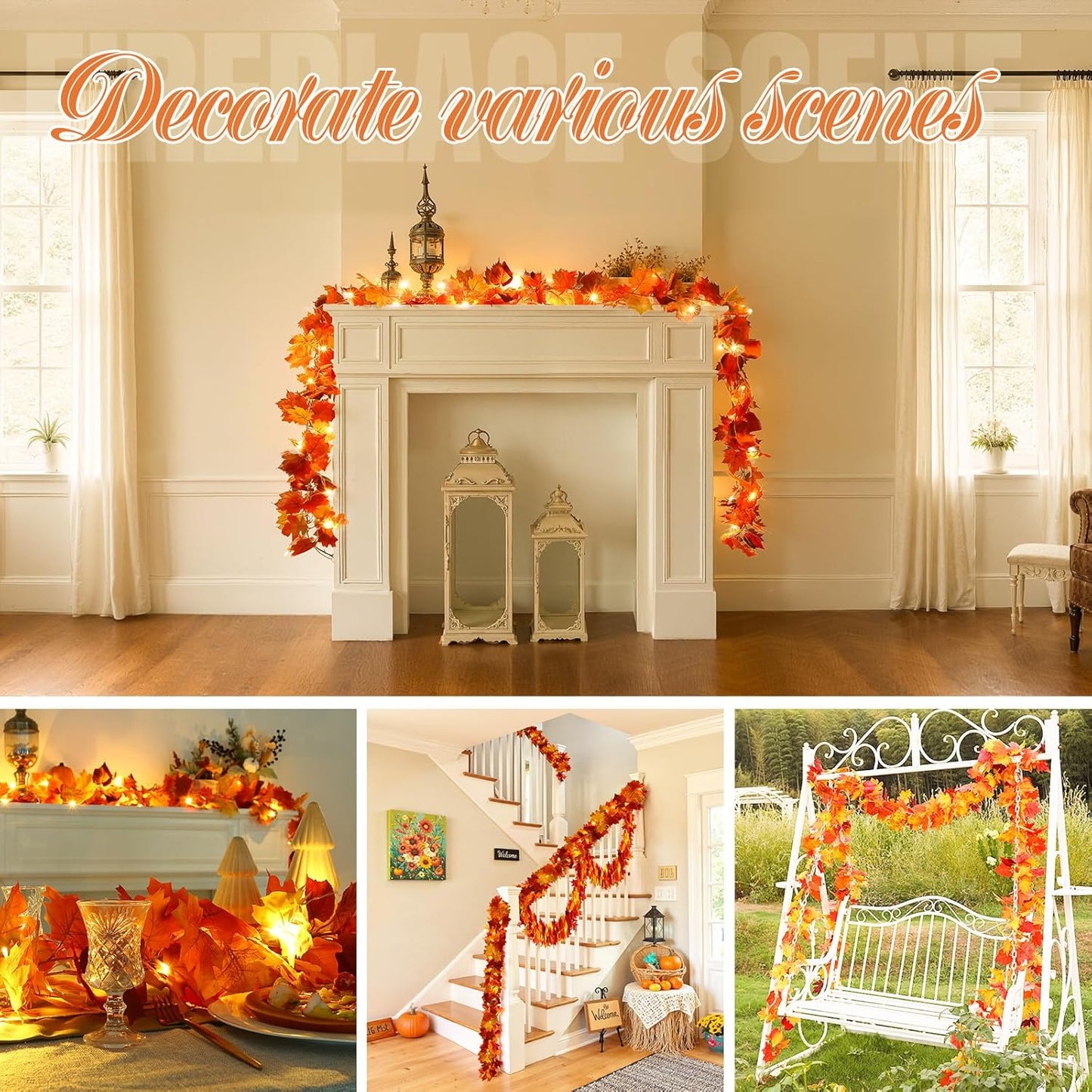 Joyhalo 6 Pack Fall Garland with Lights, Fall Leaves for Mantle, Outdoor Lighted Up Leaf Garland Autumn Decor with 6.5FT LED String Lights, Hanging Maple Leaves for Door, Thanksgiving Decor