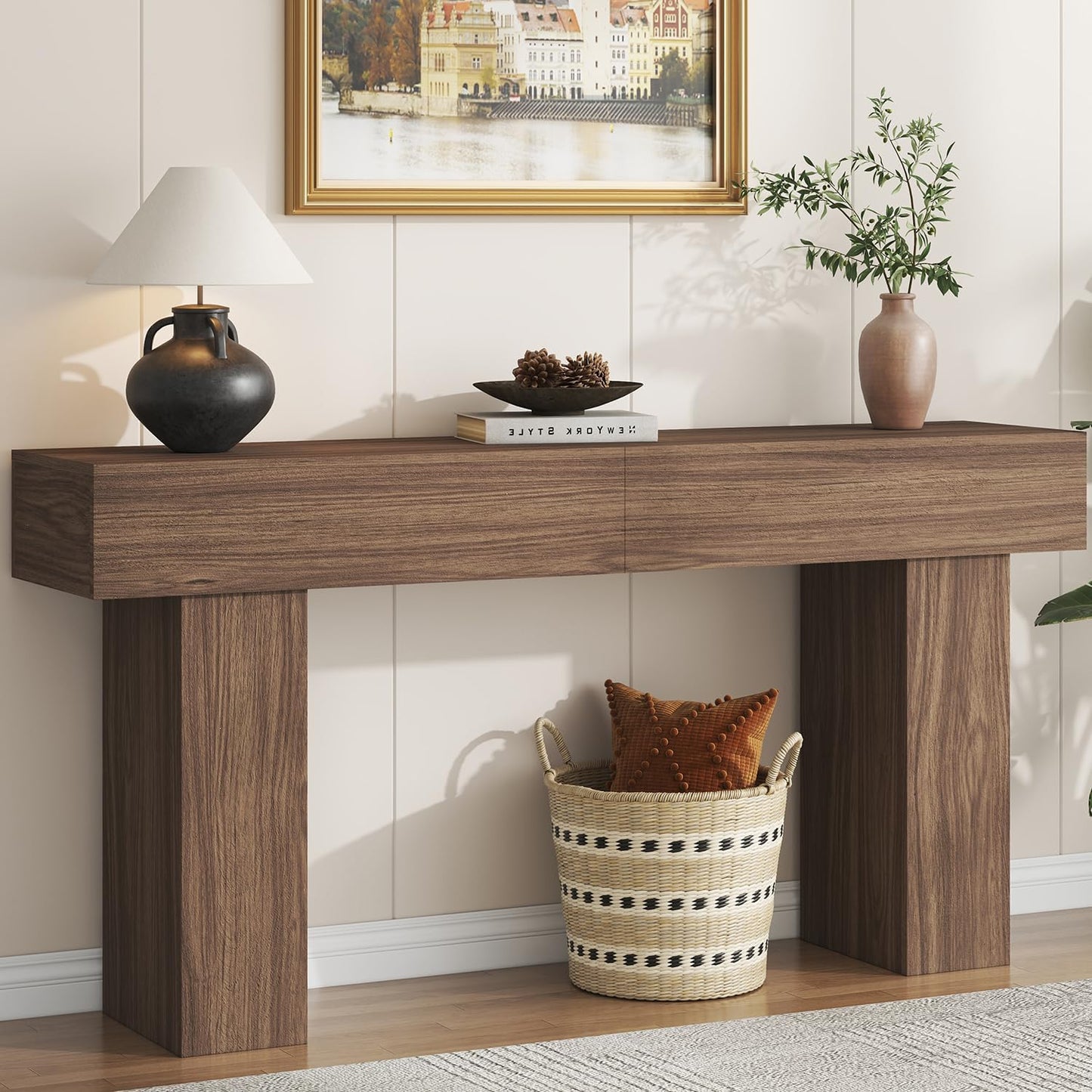 63 Inch Long Console Table for Entryway, Farmhouse Wood Rectangular Sofa Table Behind Couch Table, Narrow Entryway Table for Living Room, Entrance, Hallway, Foyer, Easy Assembly (Brown)