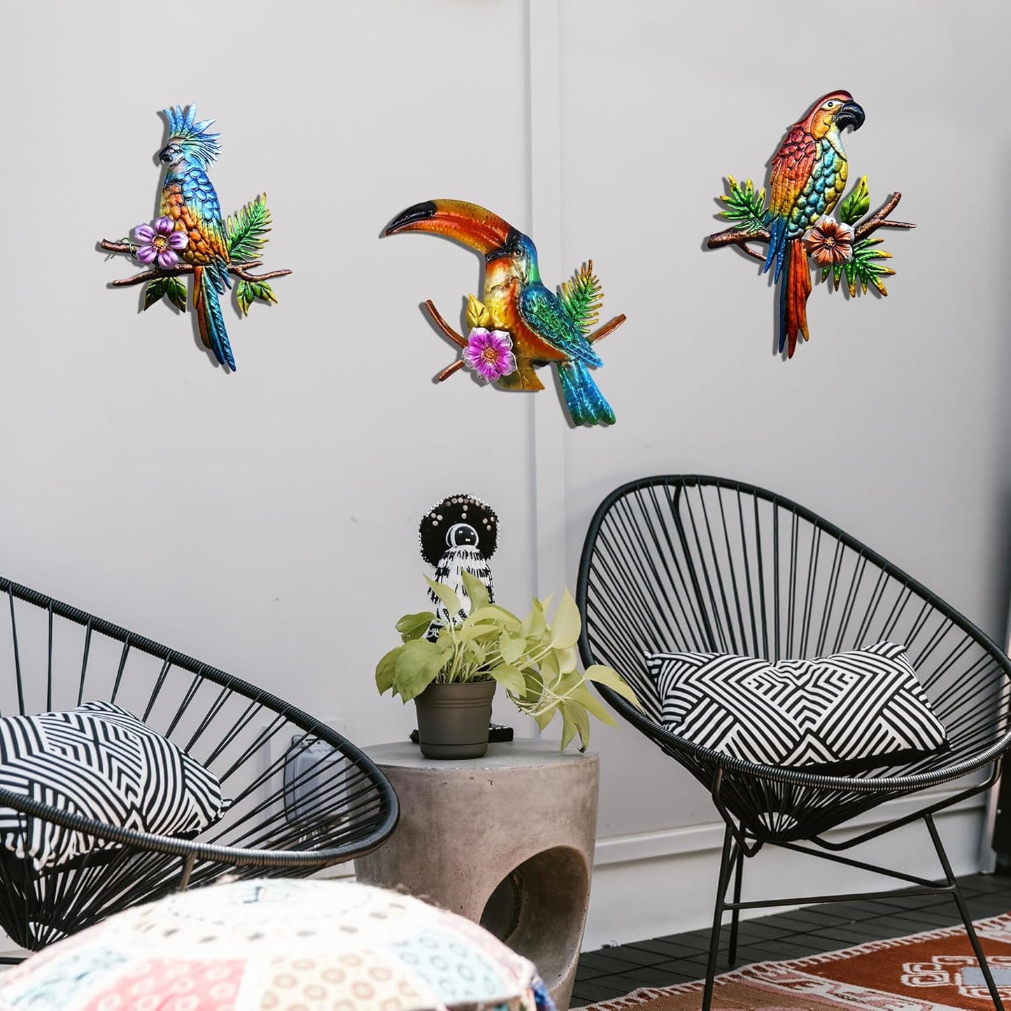 J-Fly Metal Parrot Wall Decor Tropical Outdoor Wall Decor Parrot Outdoor Wall Art Metal Bird Toucans Decor Patio Fence Garden Home Kitchen Decor 11 Inch