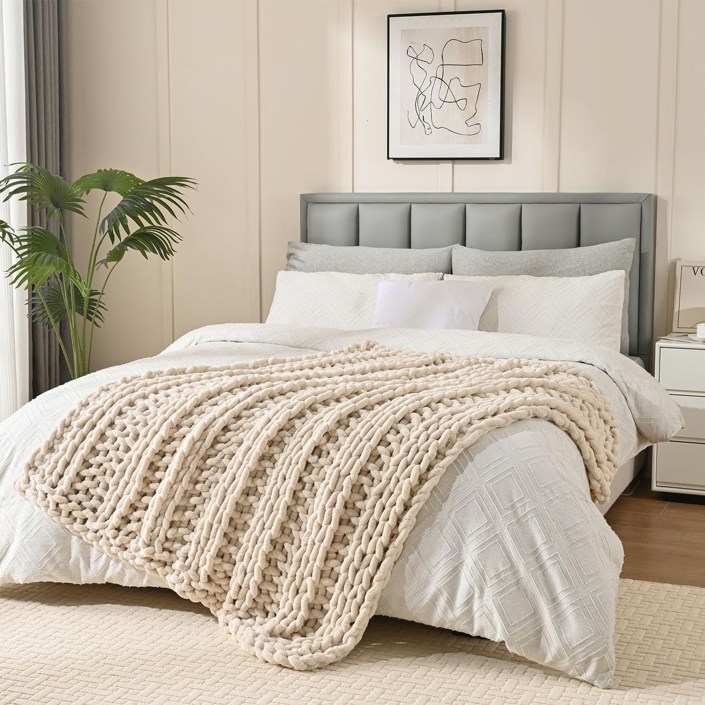 Esterra Chunky Knit Blanket Throw, 100% Handmade Chenille Throw Blanket 50"x60", Soft Thick Yarn Cable Knit Crochet Throw Blanket Rope Knot Throw for Couch Bed Sofa, Apricot White