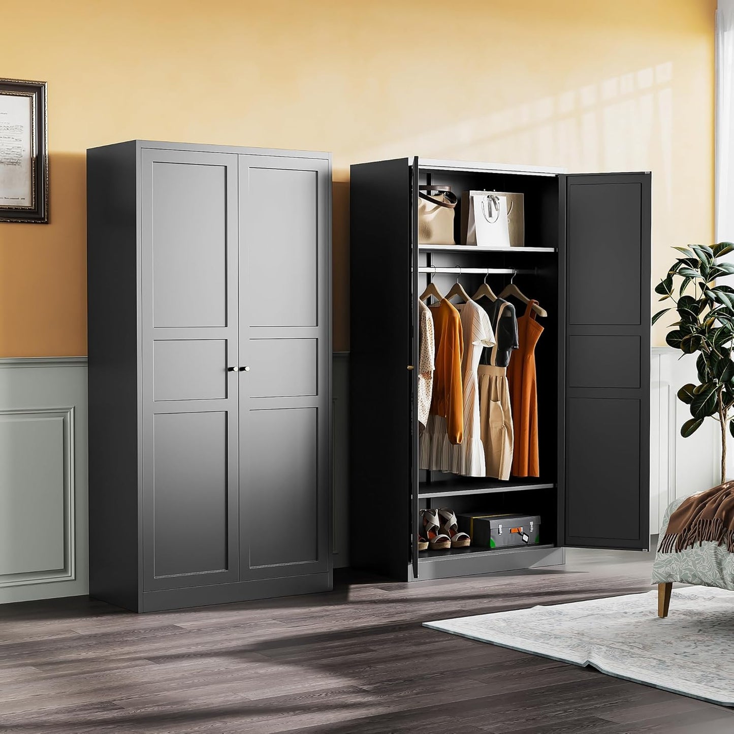 SISESOL Metal Wardrobe Cabinet with Hanging Rod,Black Armoire Wardrobe Closet,Metal Clothing Storage Cabinet with Adjustable Shelves and Doors,72" Cloth Storage Cabinets for Home,Living/Laundry Room