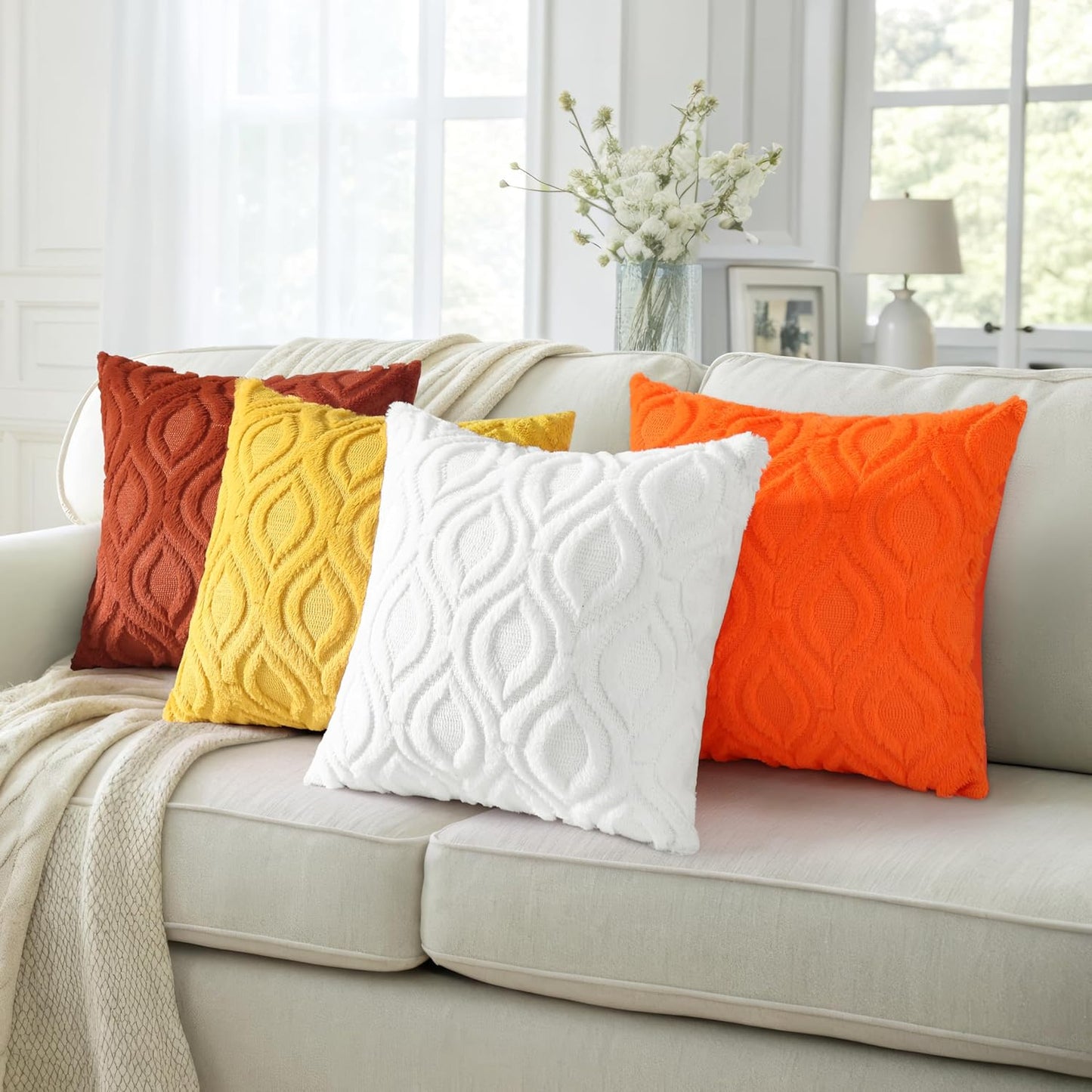decorUhome Fall Throw Pillow Covers 24x24 Inch Set of 2, Soft Plush Decorative Faux Fur Rust Solid Couch Pillow Covers, Accent Farmhouse Neutral Square Euro Pillow Cases for Sofa Bed Living Room