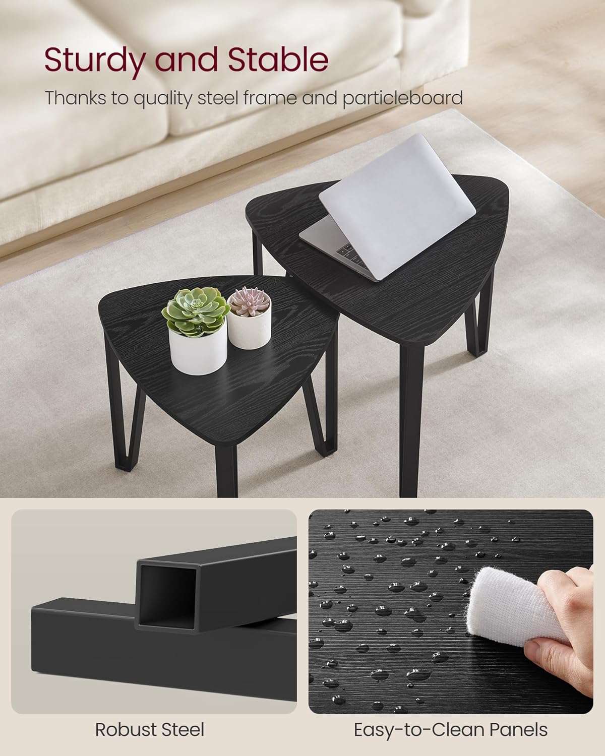 VASAGLE Nesting Coffee Tables, End Tables Set of 2 for Living Room Bedroom, Industrial Small Stacking Side Tables with Metal Frame for Couch, Charcoal Gray and Black ULET013B56