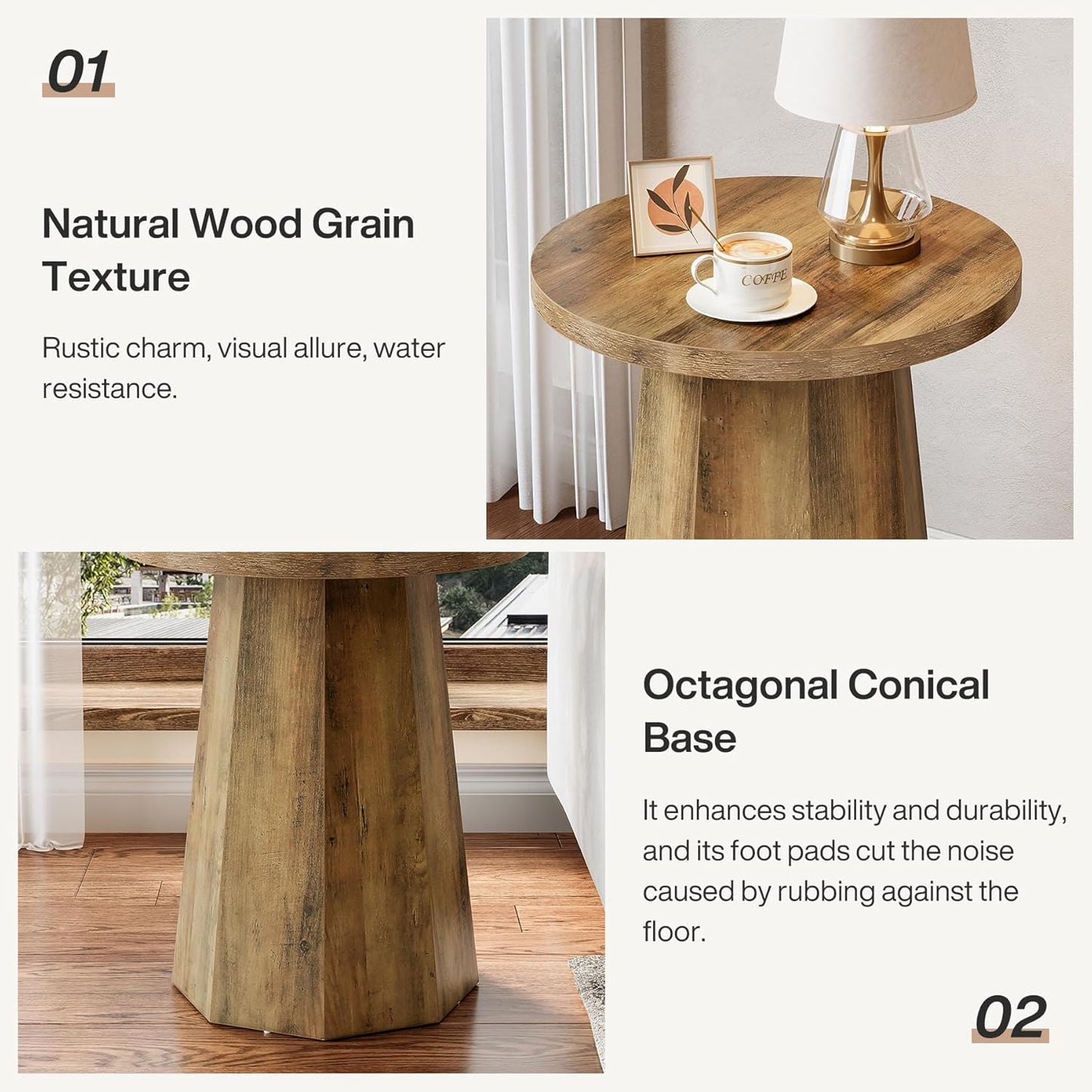 Tribesigns Round Pedestal End Table, Farmhouse Couch Side Table with Octagonal Base, Nightstand Accent Wooden Drink Stand (1, Rustic Brown)