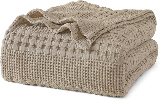 PHF 100% Cotton Waffle Weave Blanket Queen Size, Soft Lightweight Breathable Cozy Summer Blankets for Bed, Luxury Aesthetic Woven Bedding for Home Decor, 90"x90", Simply Taupe