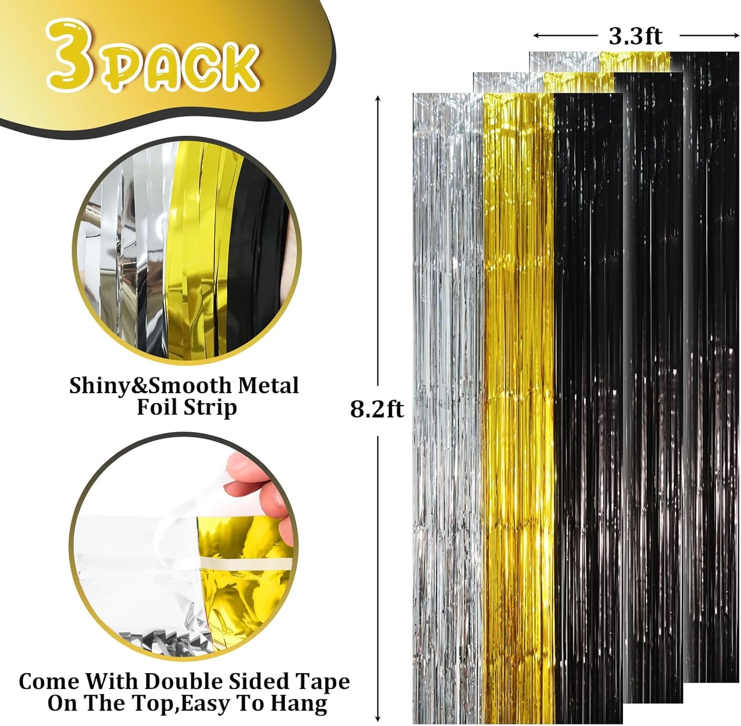 3 Pack 3.3 x 8.2 ft Black Gold Silver Foil Fringe Backdrop Curtains, Tinsel Streamers Party Decorations, Fringe Backdrop, Door Shimmer for New Years or Birthday Party
