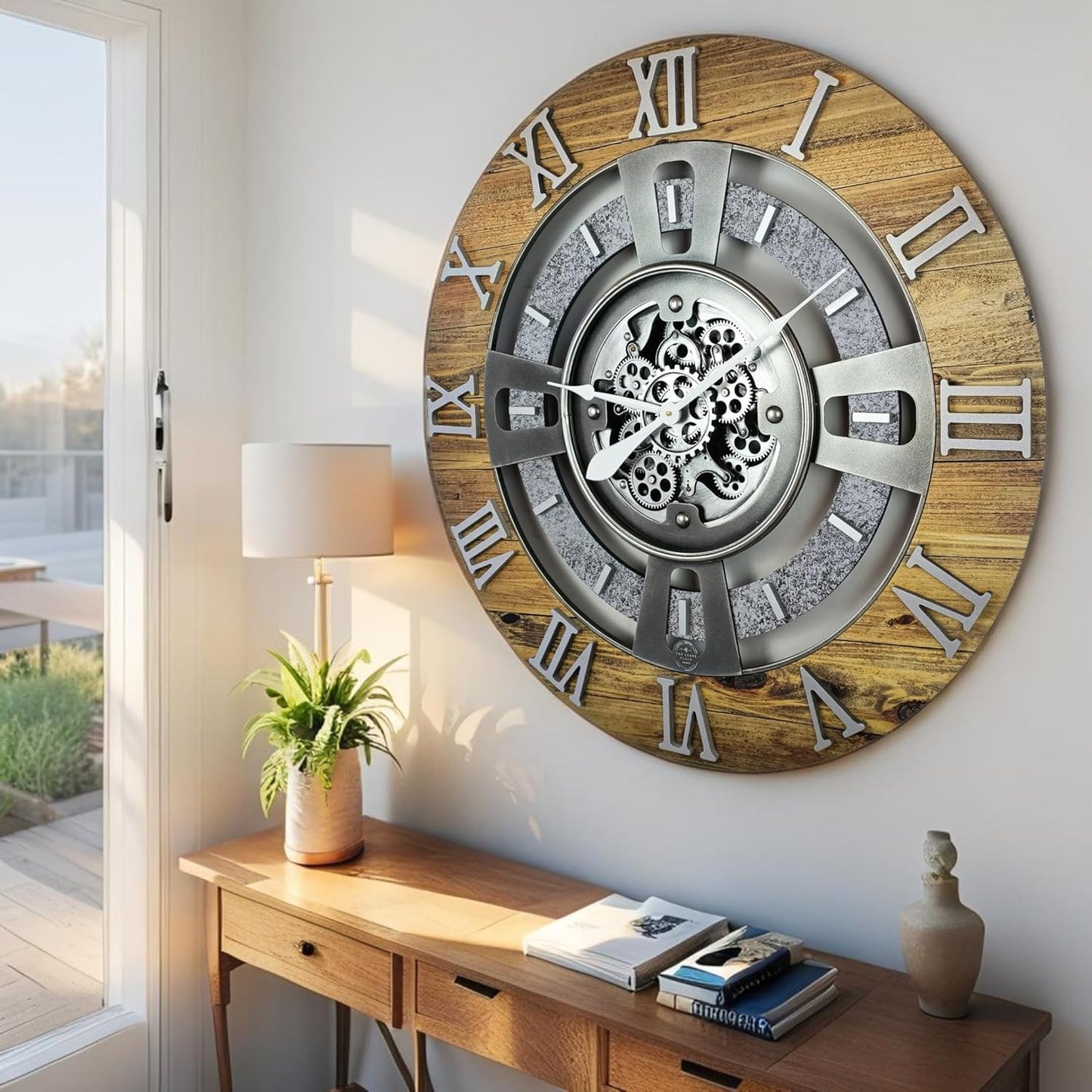 The Gears Clock Real Moving Gear Wall Clock England Line (Wood & Stone, 24 inches (60 cm))