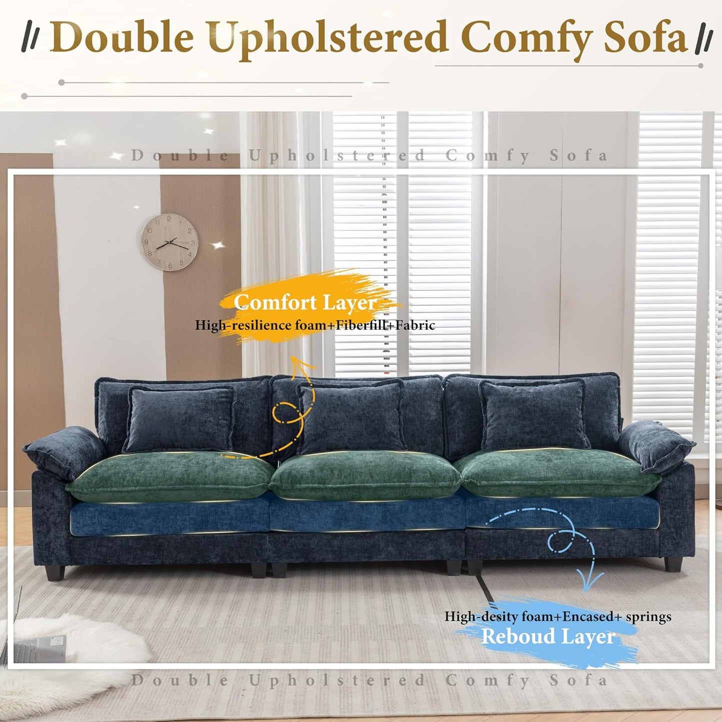 URRED Modular Sectional Sofa Comfy Cloud Couch, Modern Chenille Sofa Sleeper Deep Seat Couches with Ottoman/Pillows for Living Room (Blue, 117'')