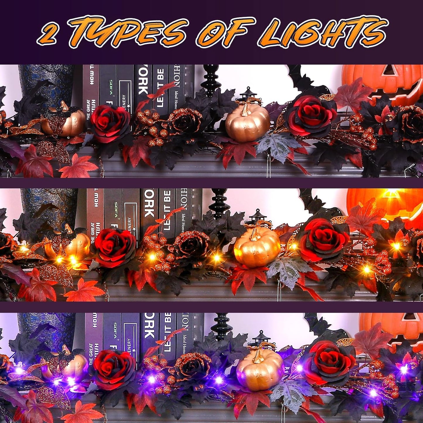 SHareconn 2 Pcs 6FT Halloween Garland with Purple Lights Battery Operated and Timer, Pre-Lit Black Red Maple Leaves Lighted Garland Decorations for Fireplace Mantle Centerpiece Indoor Outdoor Decor