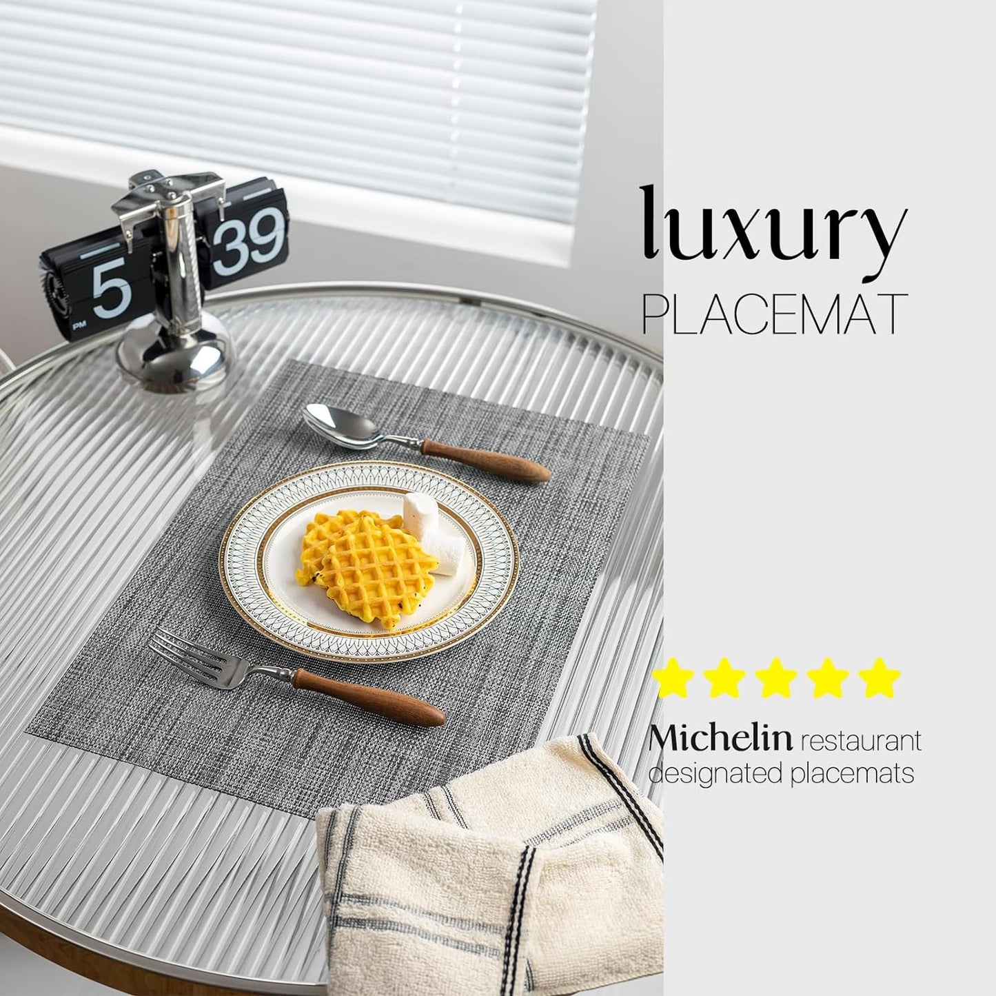 LEXMORE PlaceMats Set of 12 Vinyl/Plastic Woven Place Mats for Kitchen Table Indoor/Outdoor Washable PlaceMat Wipeable Dining Table Mats(Dark Gray)