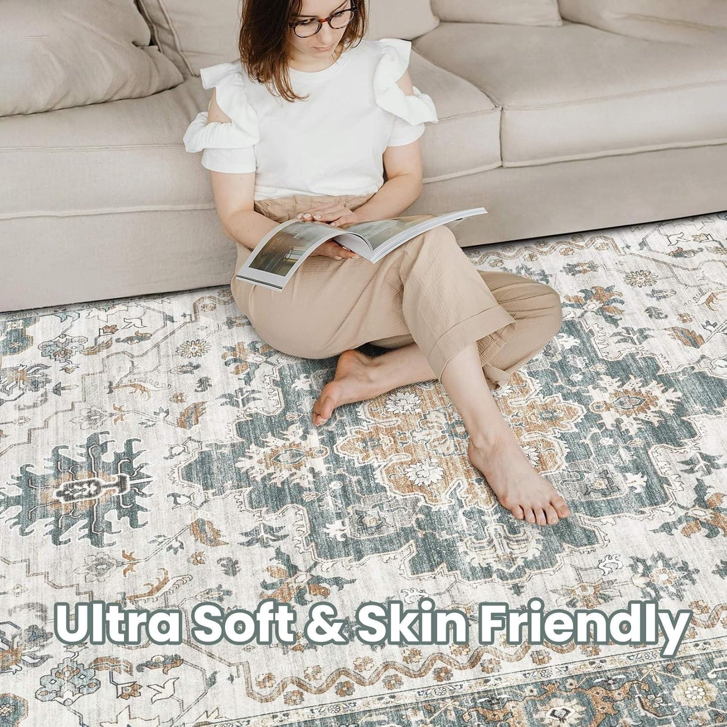 Washable Area Rugs for Living Room - 5x7 Neutral Vintage Distressed Floral Farmhouse Boho Large Soft Floor Rug Indoor Non Slip Carpet for Living Room Bedroom Dining Room Office - Green/Grey