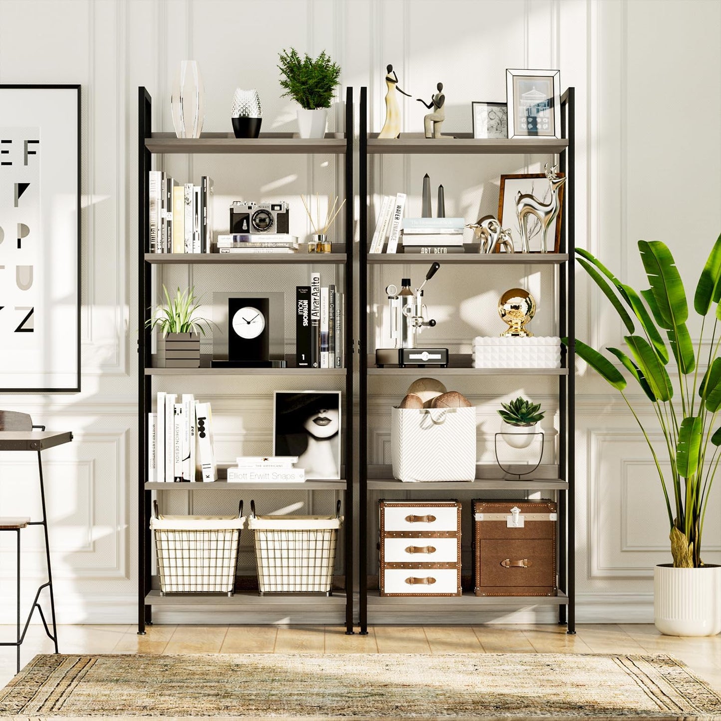 NUMENN Bookshelf, 5 Tier Bookshelves, Home Office Bookcase Shelf Storage Organizer, Free Standing Storage Shelving Unit for Bedroom, Living Room and Home Office, Grey