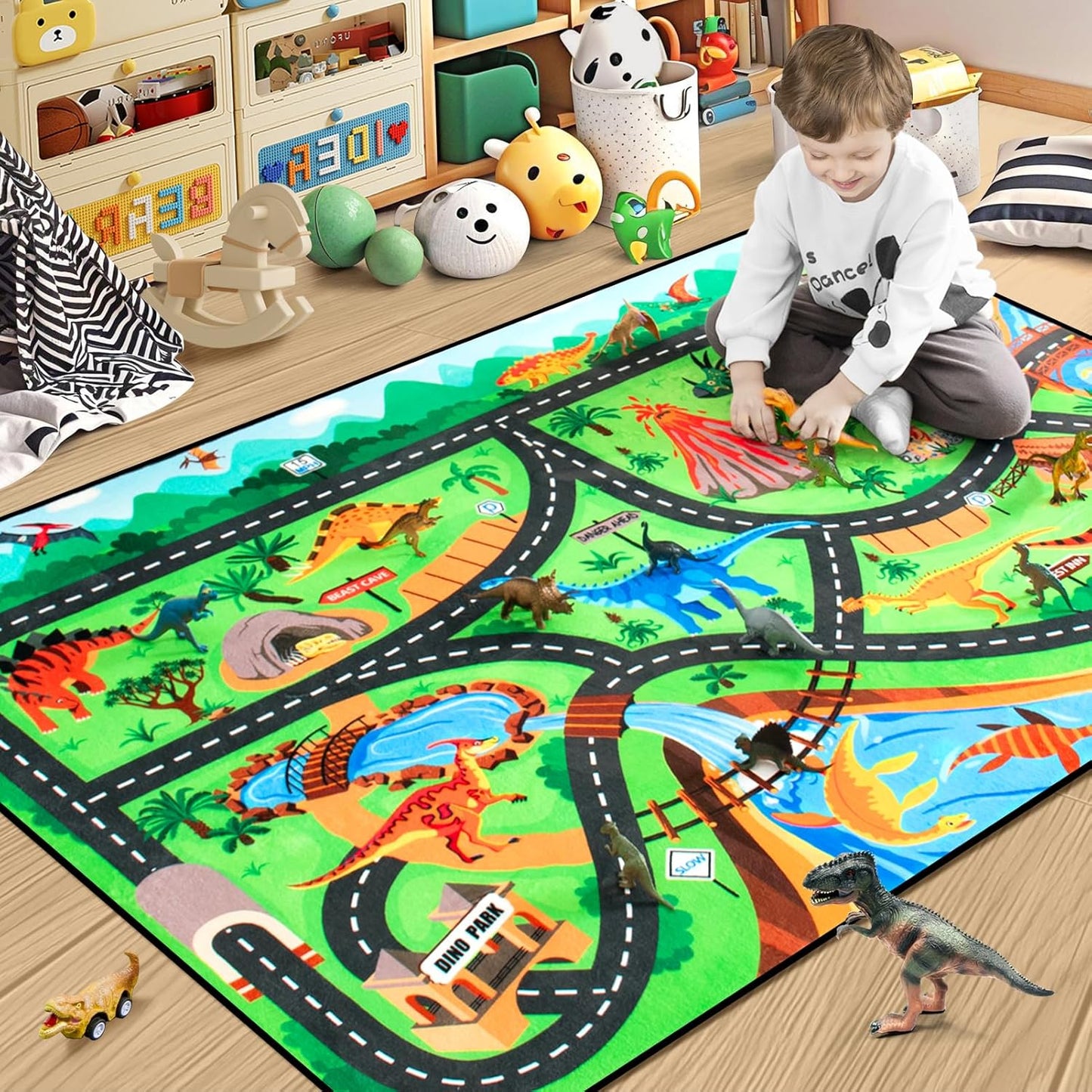 Kids Rug, Car Carpet for Kids' Toy Cars, 4x6 Ft Dinosaur Rug, Dino Safari Road Mat for Playroom, Educational Learning & Game Area Baby Play Mat Carpet for Children