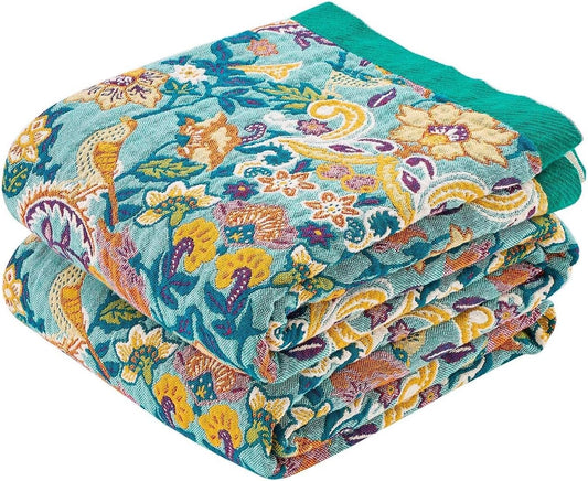 Boho Blanket Throw Quilt, 100% Cotton Soft Light Weight Throw Blankets for Summer, 50"x60" Farmhouse Flower Decorative Blankets, All Season Rustic Reversible Bohemian Throw Quilt