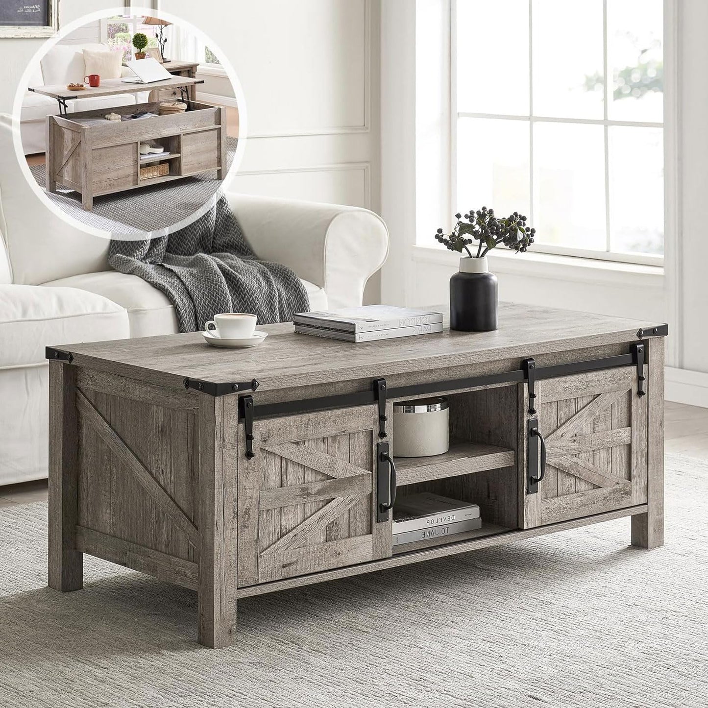 OKD 48" Farmhouse Lift Top Coffee Table with Sliding Barn Door, Rustic Center Table w/Hidden Storage Compartment, Lift Tabletop Dining Table w/Adjustable Shelf for Living Room,Light Rustic Oak