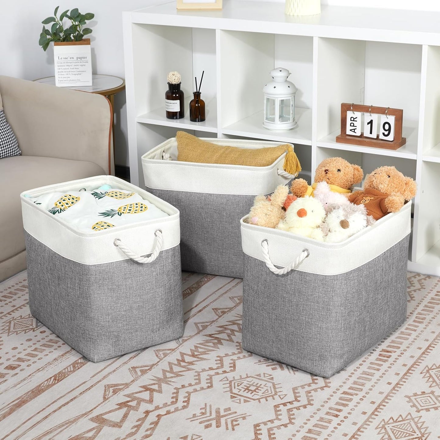 Bidtakay Extra Large Storage Baskets for Organizing 17x12x15.1 inch 3-Pack Fabric Closet Organizers Storage Bins with Handles Foldable Storage Baskets for Shelves Clothes XL-White&Grey