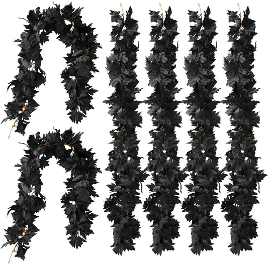 PARTY JOY Black Artificial Maple Leaf Garland - 6PCS 5.6Ft Halloween Decor, Gothic Fall Vines for Front Porch, Thanksgiving Autumn Table Centerpiece & Wall Hanging