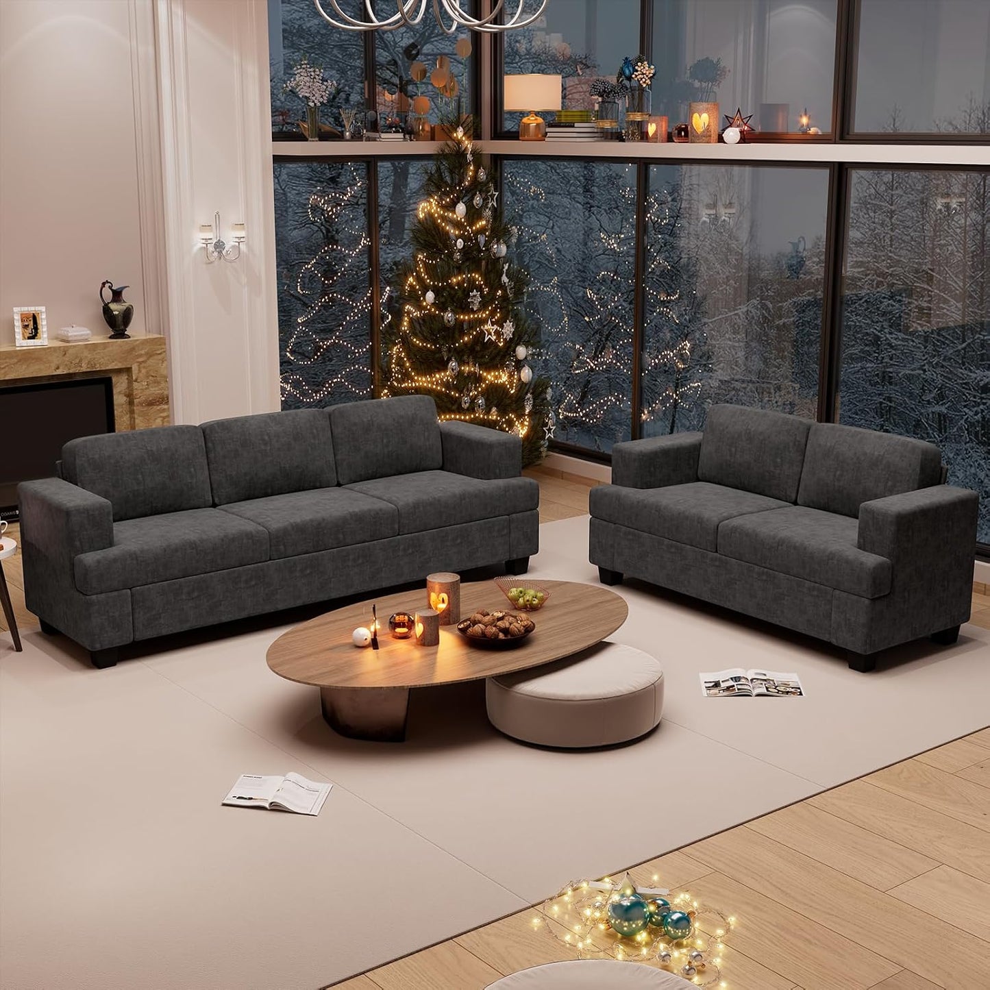 2 Piece Set Comfy Sofa Couch, 3 Seater & Loveseat Sofa with Deep Seats, Modern Sleeper Couch for Living Room, Dark Grey Chenille