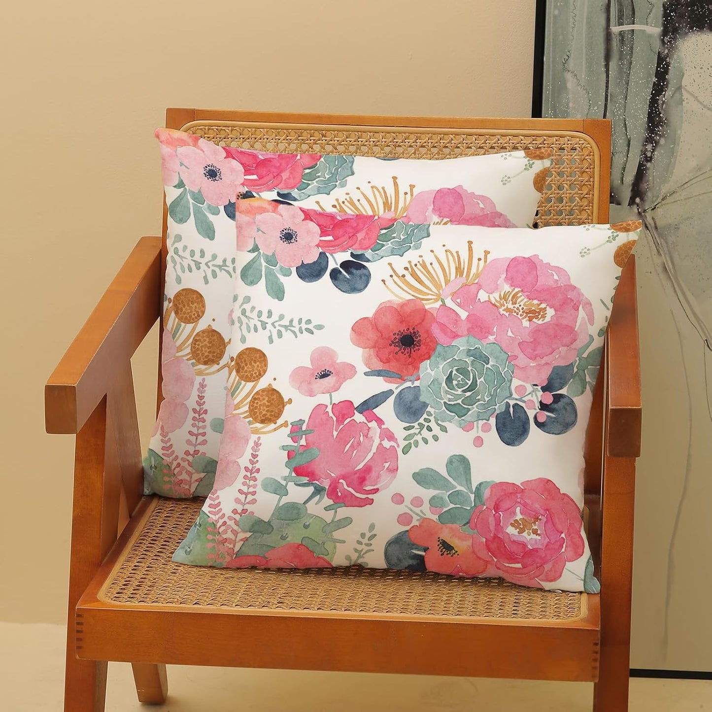 CXMEIFLY Spring Floral Pillow Covers 24 x 24 Inch Set of 2 for Watercolor Pink Flowers Decor Throw Pillows Green Leaves Plant Outdoor Decorative Cushion Cases with Zipper for Couch Bed Decorations