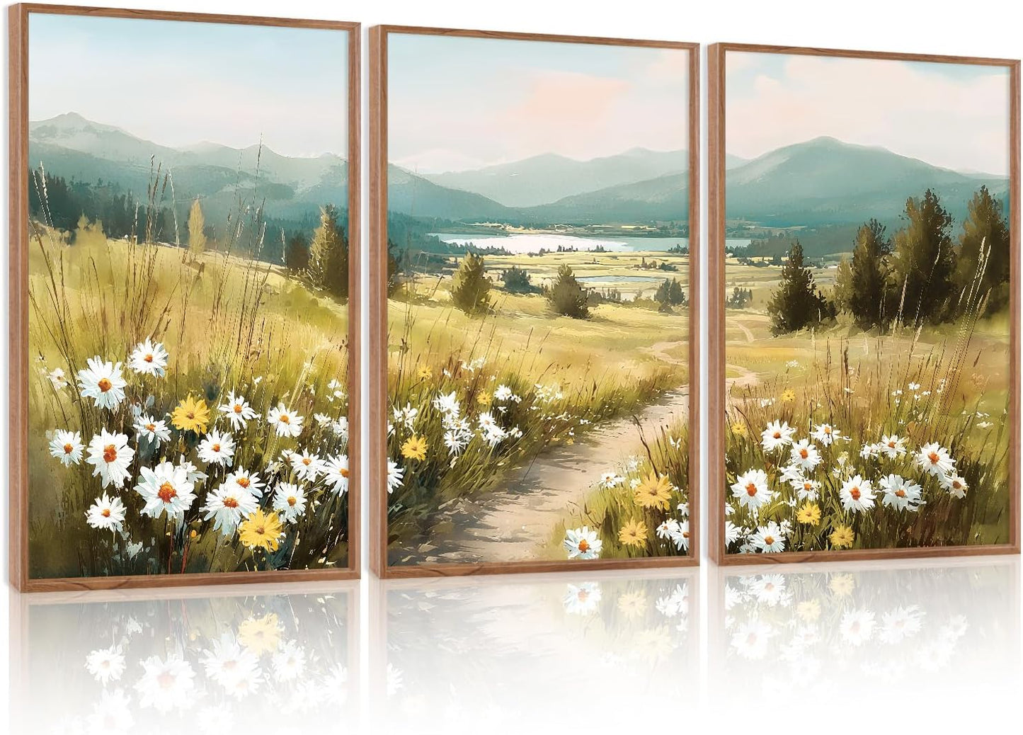 KAIRNE Field Canvas Wall Art,Vintage Landscape Wall Decor,Wildflower Prints Set of 3(16”X24”),Nature Botanical Floral Posters,Rustic Paintings for Kitchen Living Room Bedroom Farmhouse Decor,Framed