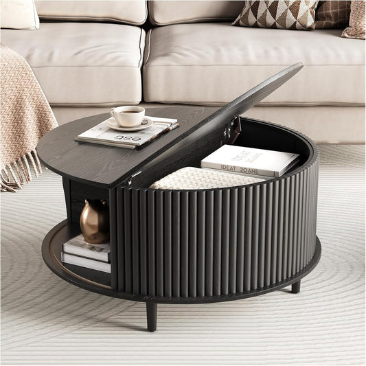 Round Coffee Table with Storage,Mid Century Modern Dining Table with Sliding Cabinet Door for Living Room,Home Small Space,31.5" Small Center Table,Black