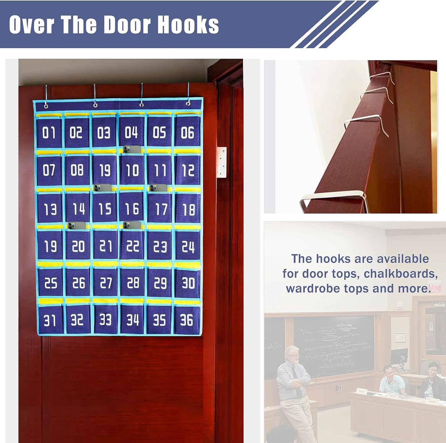 Loghot Classroom Accessories Closet Pocket Chart for Cell Phones Holder Wall Door Hanging Organizer (36 Pockets Blue 2Pc)