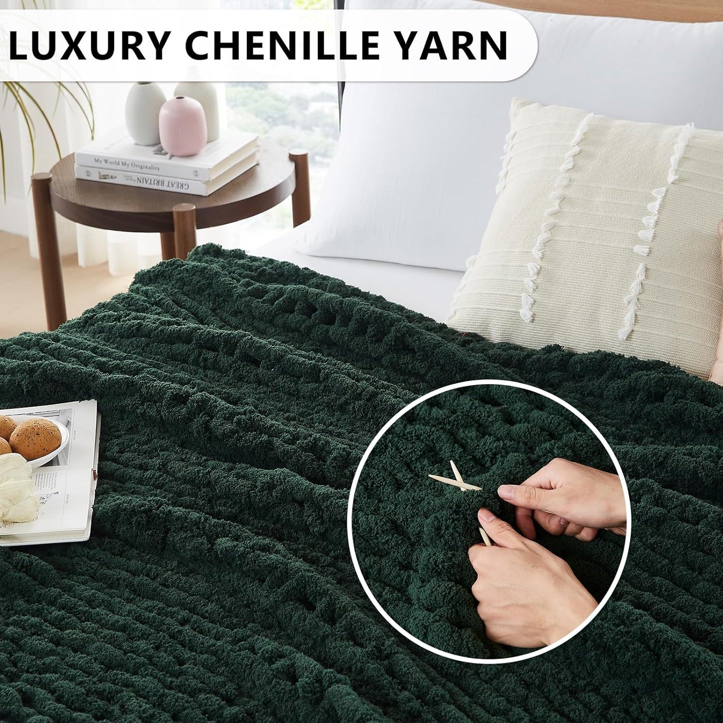 L'AGRATY Chunky Knit Blanket Throw - Soft Chunky Throw Blanket 50x60: 100% Hand Kintted Chenile Crochet Throw Blanket for Couch - Large Cable Knit Chunky Blanket for Home Decor(Olive Green)