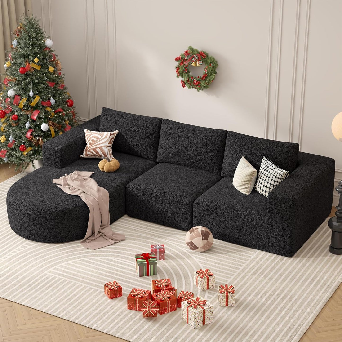 Modular Sectional Sofa with L-Shape Chaise,Cloud Sectional Modern Sleeper Couch with Deep Seat,Sponge Compression Sofas No Assembly Required (Black-Sherpa Fabric) 1PCS