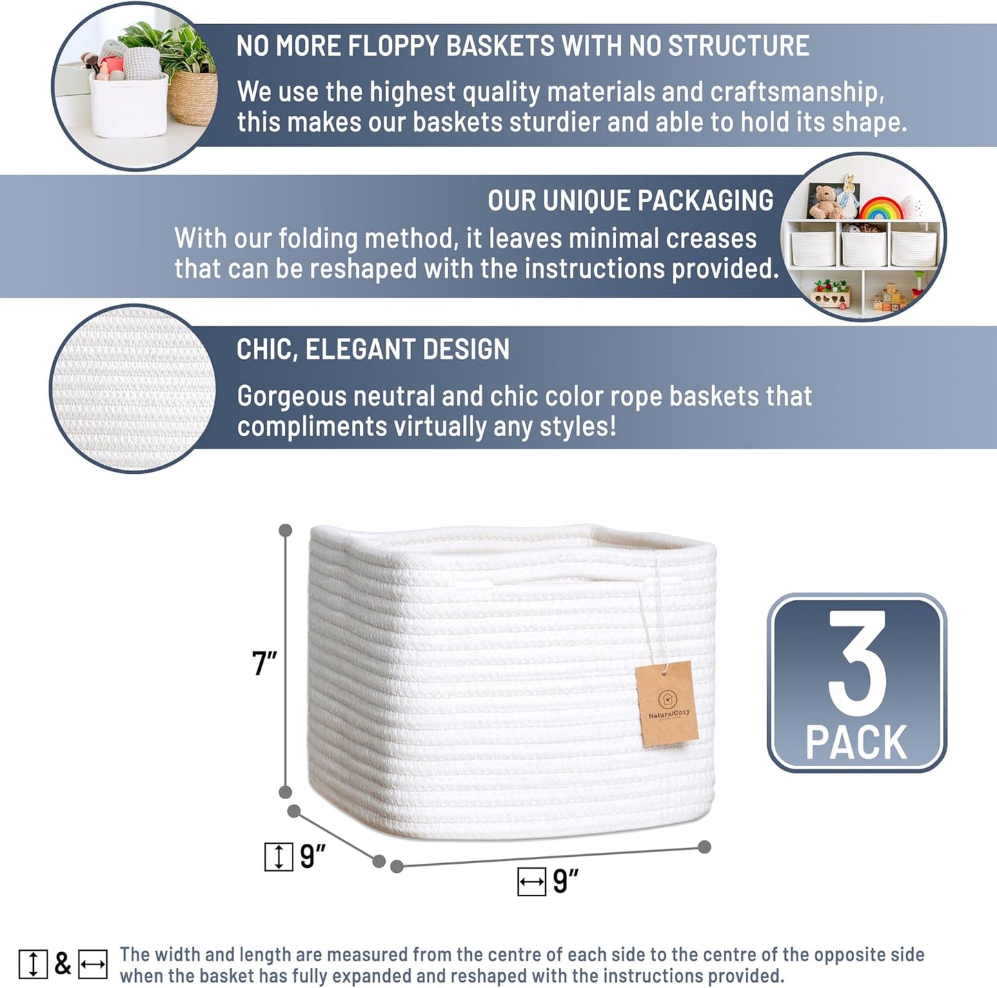 NaturalCozy Storage Cubes 9”x9”x7”Cotton Rope Woven Baskets for Organizing 3-Pack | 9 Inch Cube Storage Bin | Small Basket for Shelf Nursery, Pantry, Decorative Plant, Bathroom Closet, Toy Gift