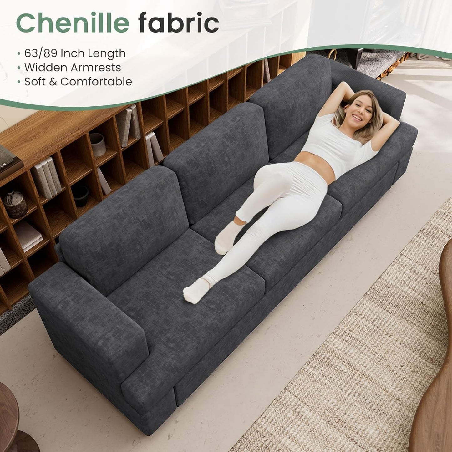 Sofa Couch, 3 Piece Set Comfy Sofa, 2 Loveseat & 3 Seater Sofa with Deep Seats for Living Room, Modern Sleeper Couch, Dark Grey Chenille