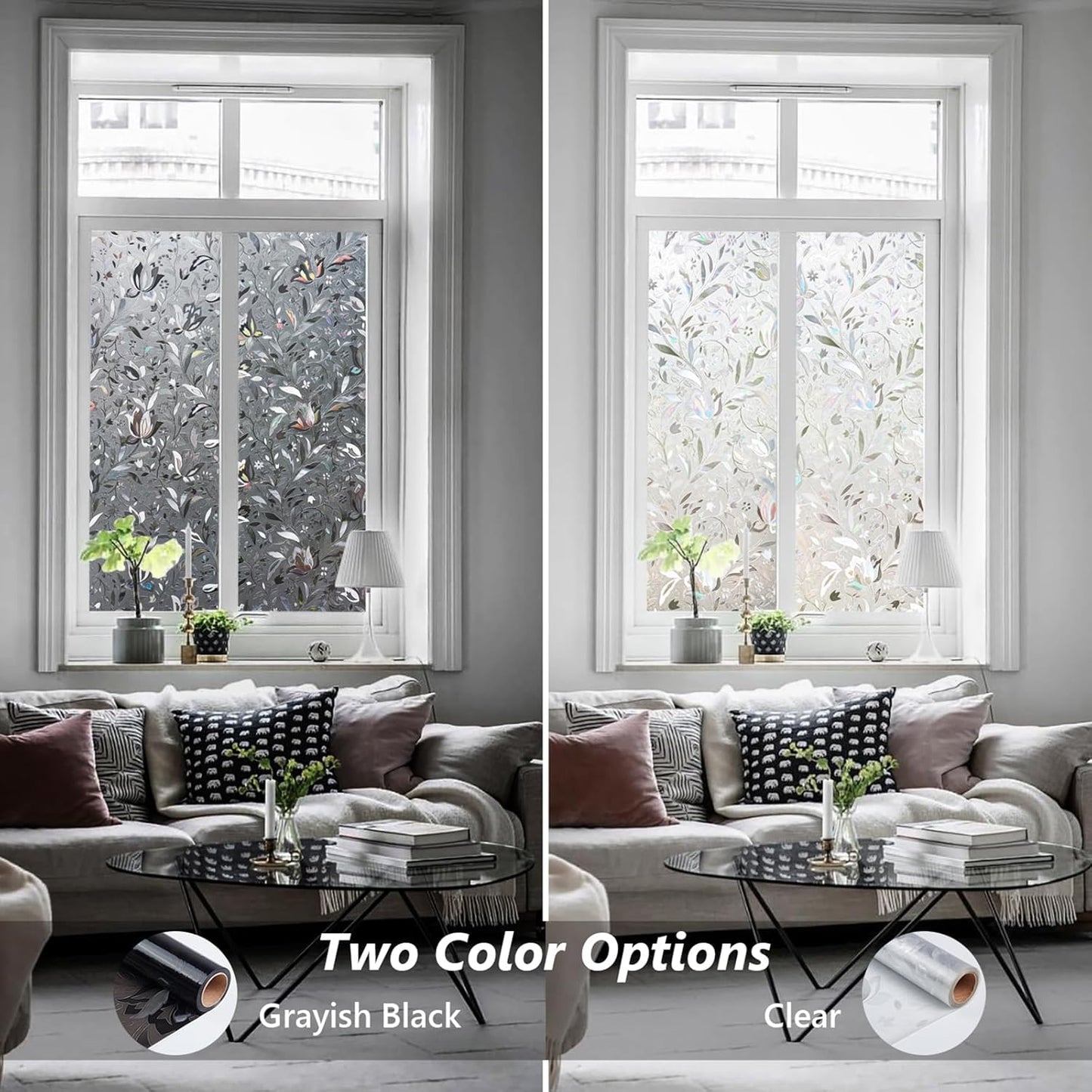 Kromapolis Window Film, Window Privacy Film Frosted, Vinyl Glass Covering, Stained Glass Decorative Film, Static Window Clings, Non-Adhesive (Grayish Black, 11.8 x 157.4 inch)