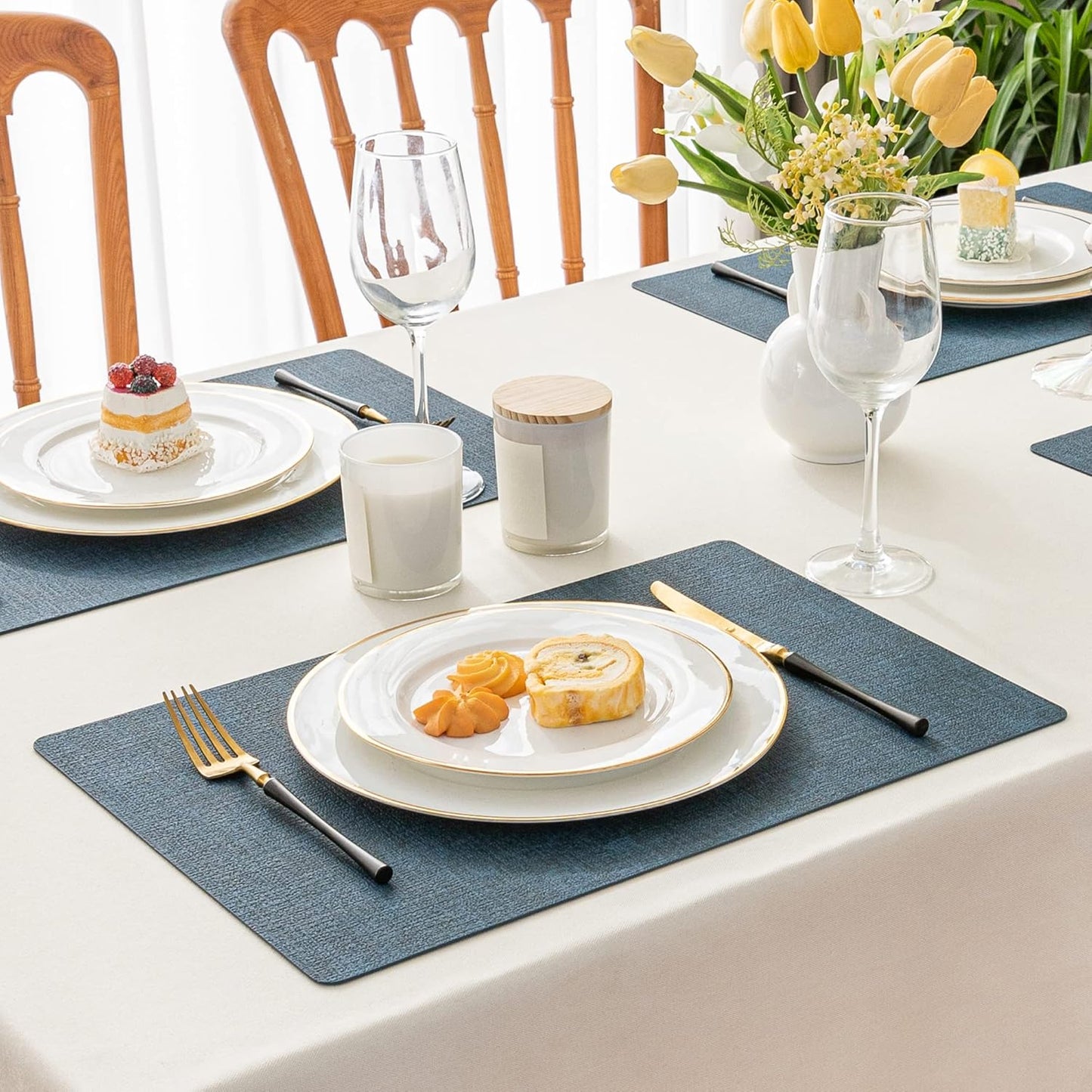 Romanstile Vinyl Placemats Set of 6-12 X 18 Inch - Heat Resistant Place Mats 100% Waterproof Oilproof Wipeable Reversible Faux Leather Table Mats for Kitchen/Dining/Party/Outdoor, Navy Blue
