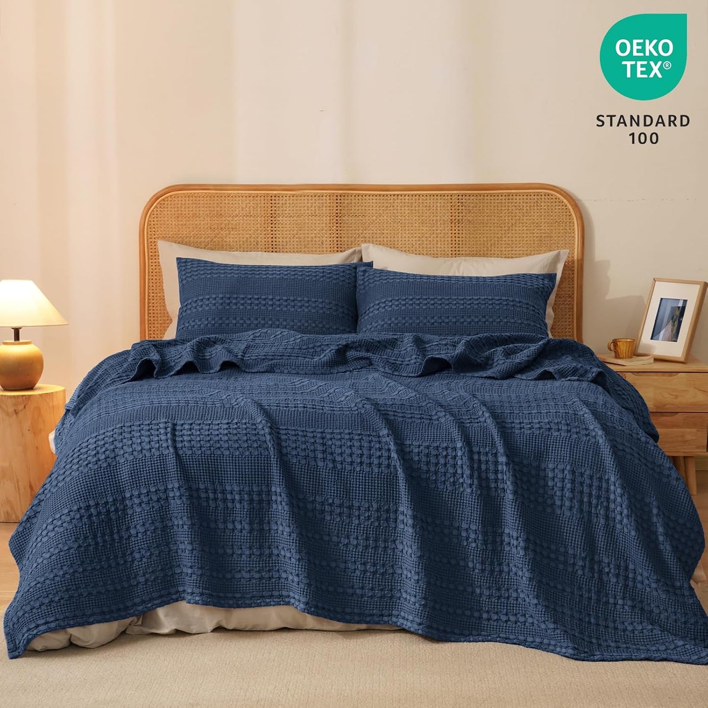 PHF 100% Cotton Waffle Weave Blanket King Size, Soft Lightweight Breathable Cozy Summer Blankets for Bed, Luxury Aesthetic Woven Bedding for Home Decor, 108"x90", Bright Navy Blue