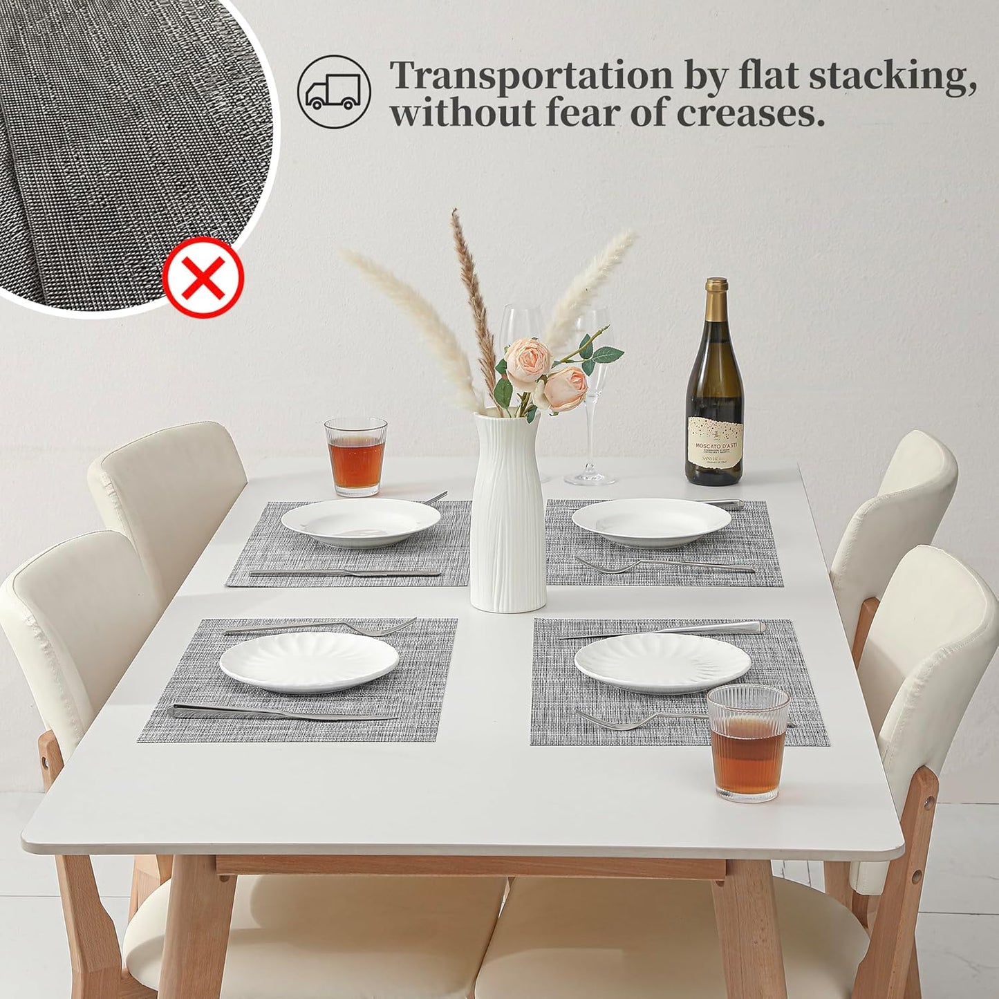 Leetaltree Linen Grey Placemats Set of 4 - Heat Resistant Non-Slip Place mats for Dining Table, Washable Durable PVC Vinyl Woven Table Mats（Linen Grey, 4）