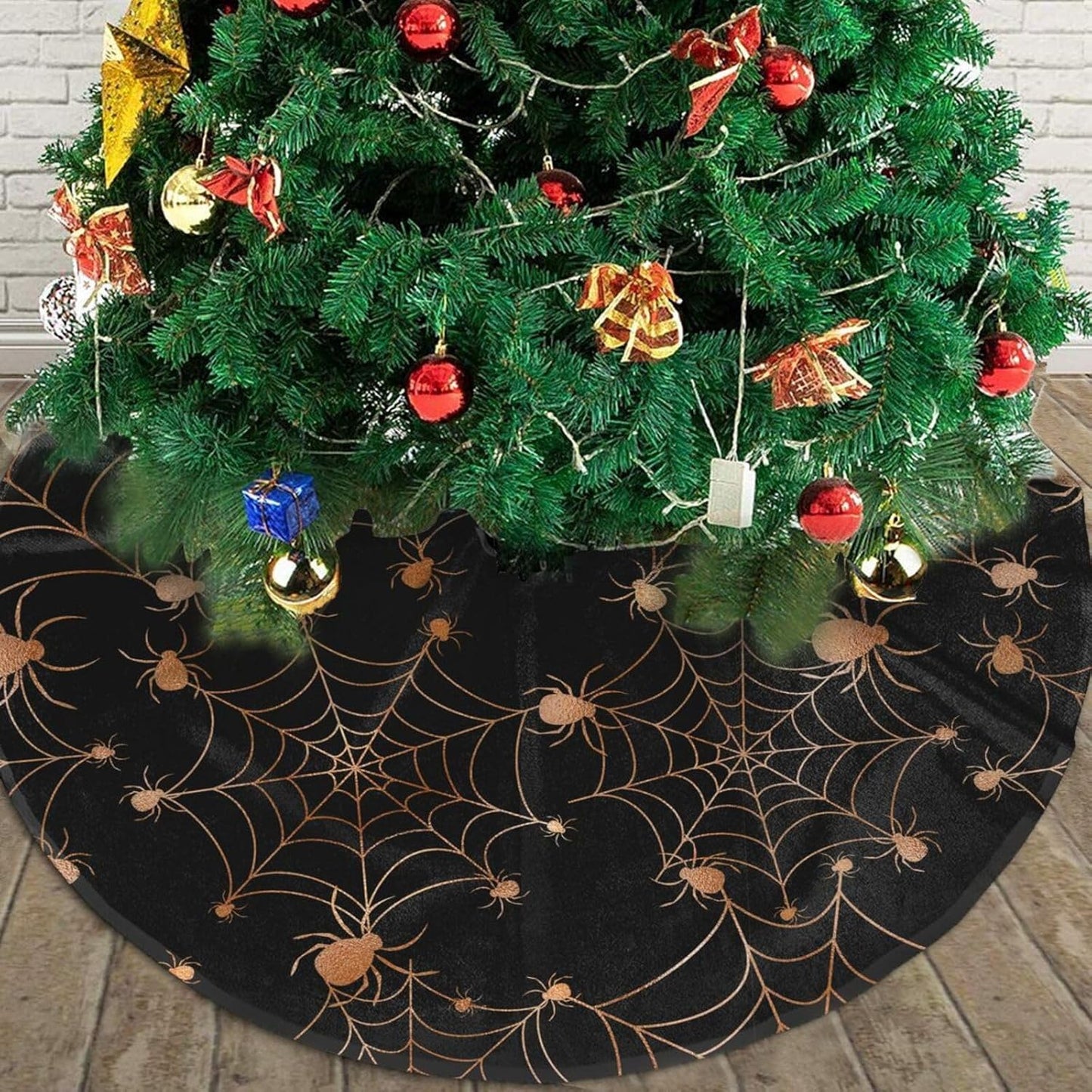 Christmas Tree Skirt,Gold Spider Web Xmas Tree Skirt Rustic Farmhouse Tree Skirt for Christmas Decor Xmas Holiday Home Party Decorations36