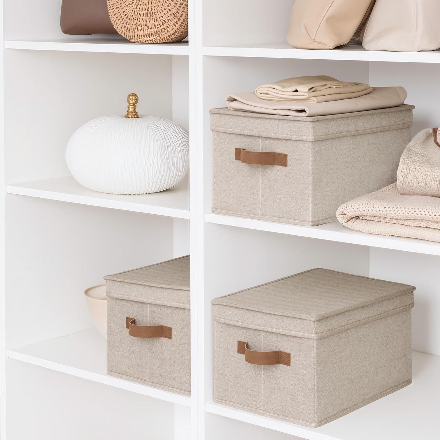 StorageWorks Large Storage Bins with Lids, Decorative Storage Boxes with Lid and PU Handles, Foldable Storage Baskets for Closet, Shelves, Stackable, Brown and Beige, 3-Pack