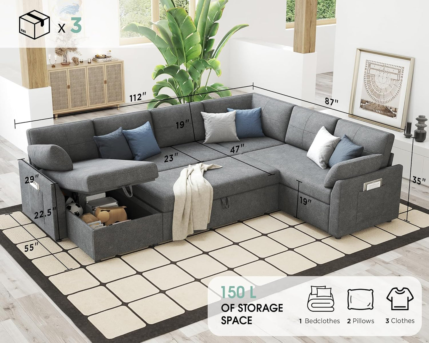 VanAcc Pull Out Sofa, 112 Inch Oversized U Shape Sleeper Sofa Couch with Storage Chaise & 3 Seater, Comfy Couch with Pull Out Bed for Living Room, Grey Linen